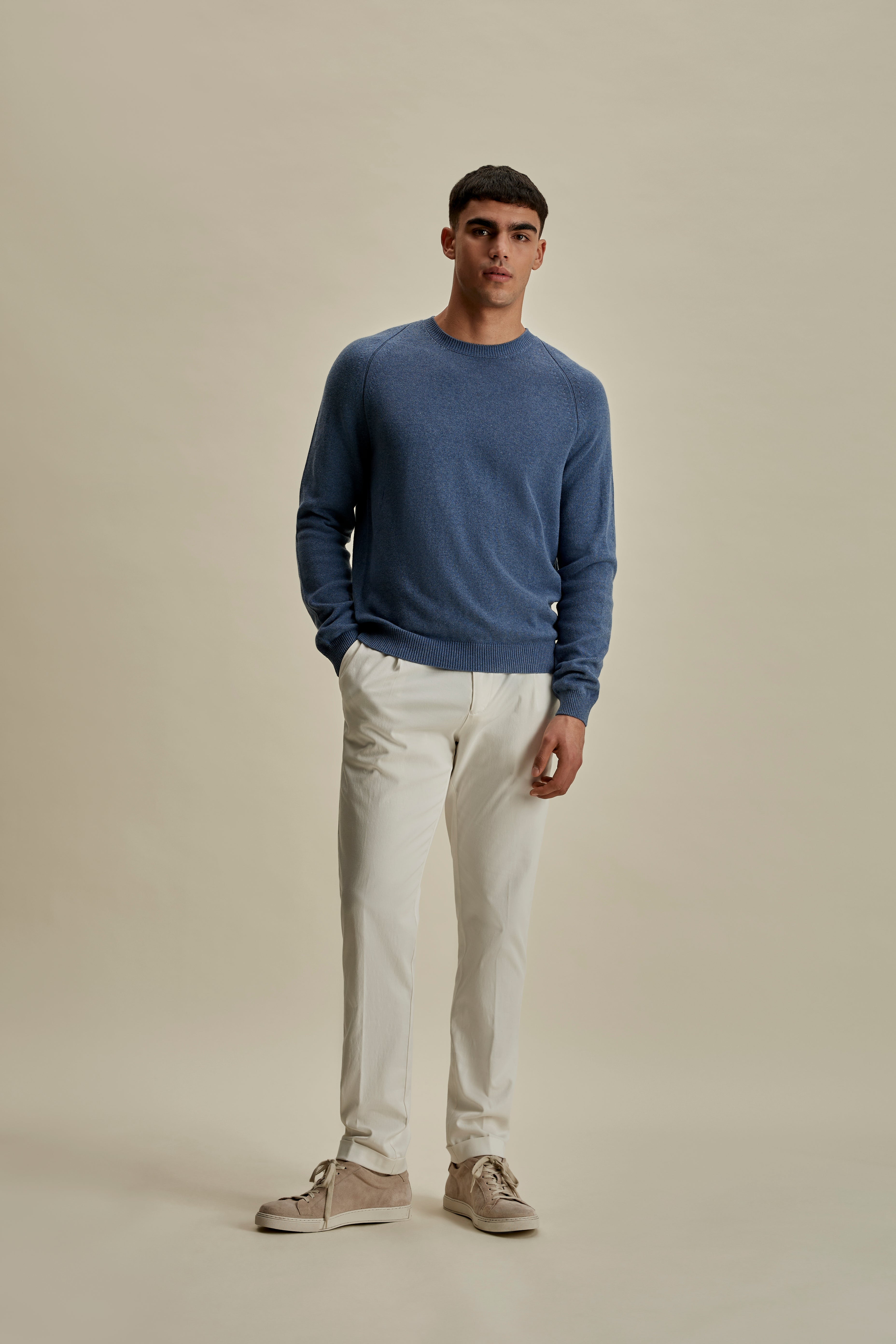 Cotton Raglan Crew Neck Sweater Denim Full Length  Model Image
