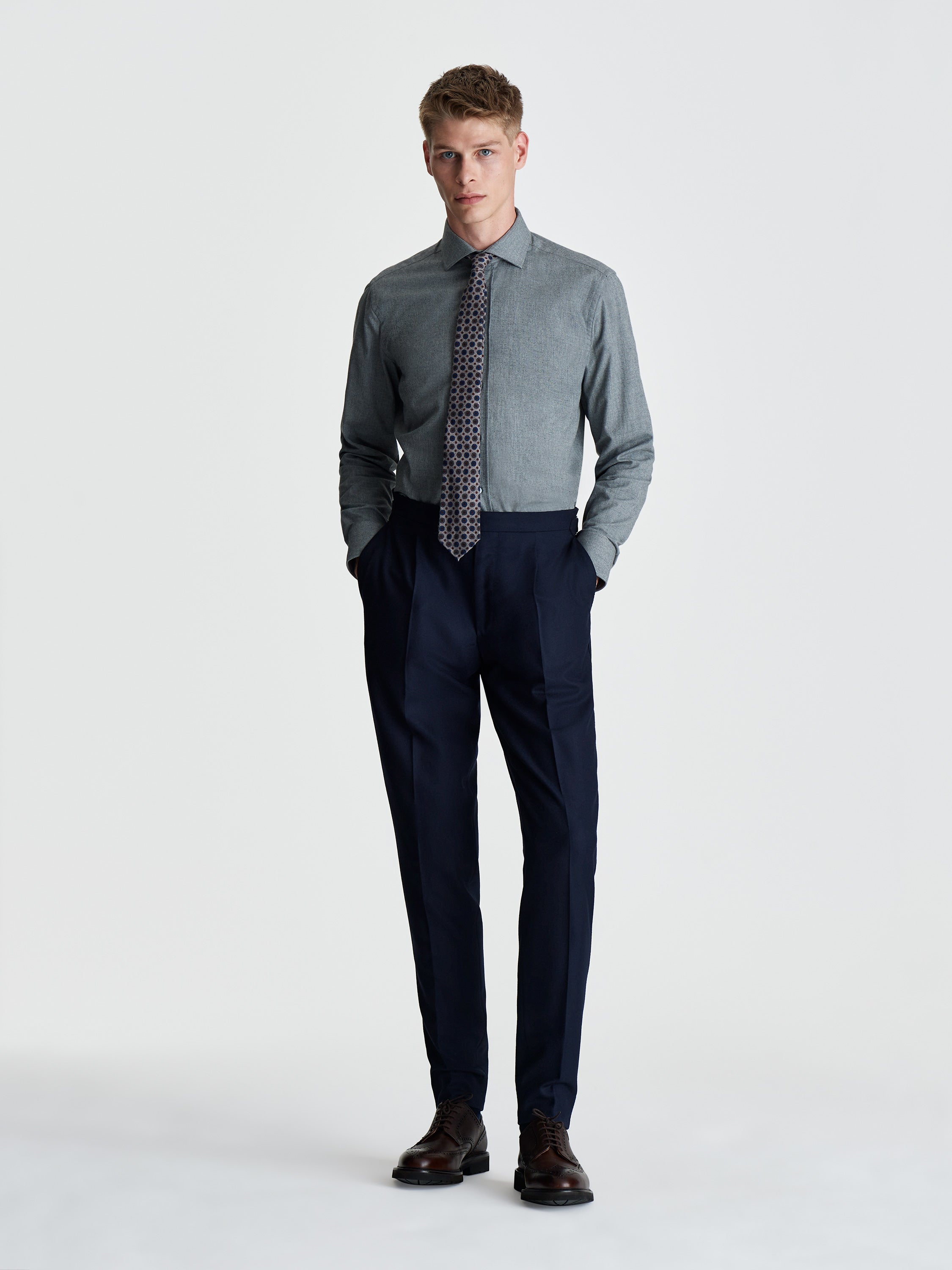 Flannel Cutaway Collar Shirt Slate Grey Full Length Model Image