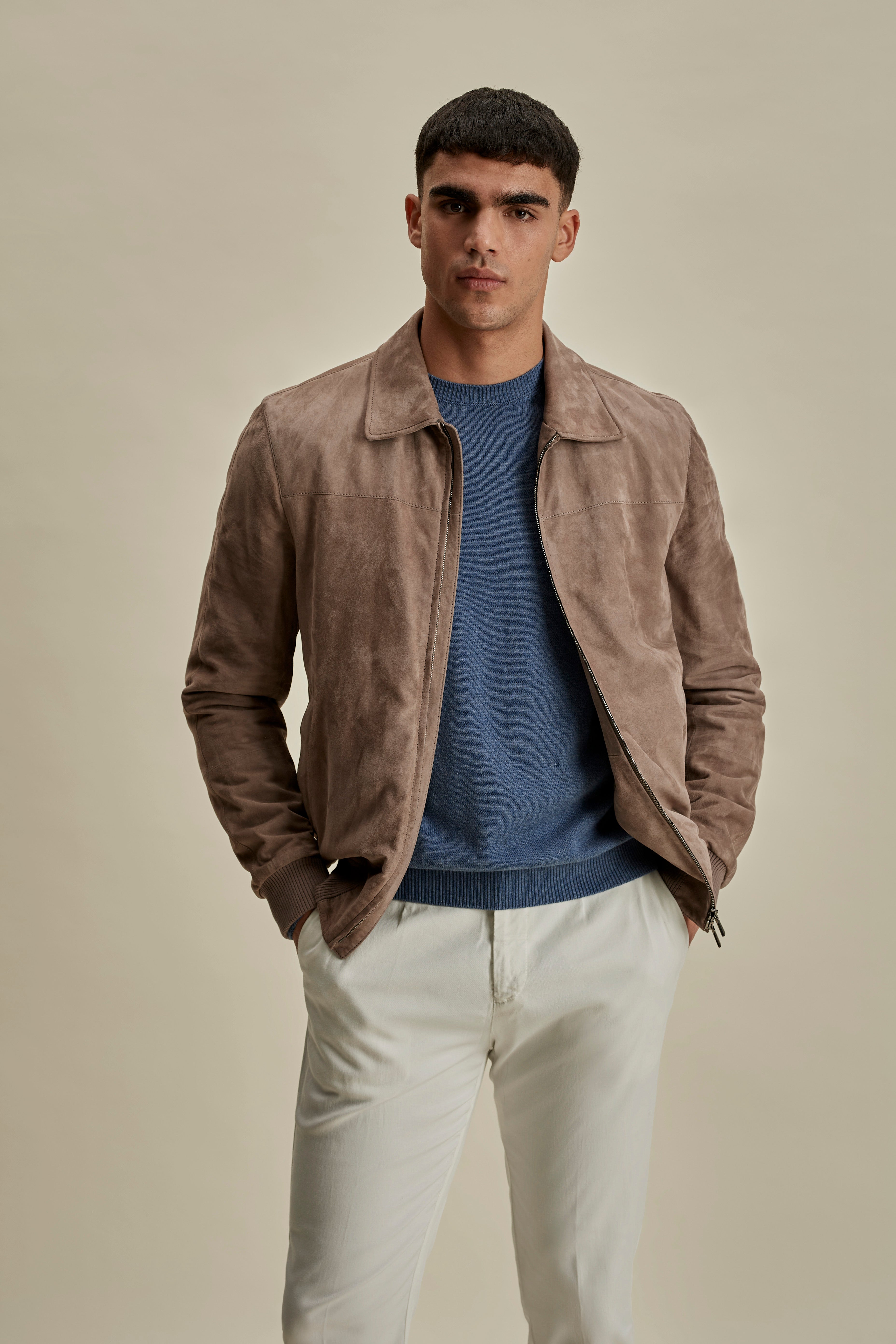 Suede Shirt Collar Bomber Jacket Taupe Mid Crop Model Image