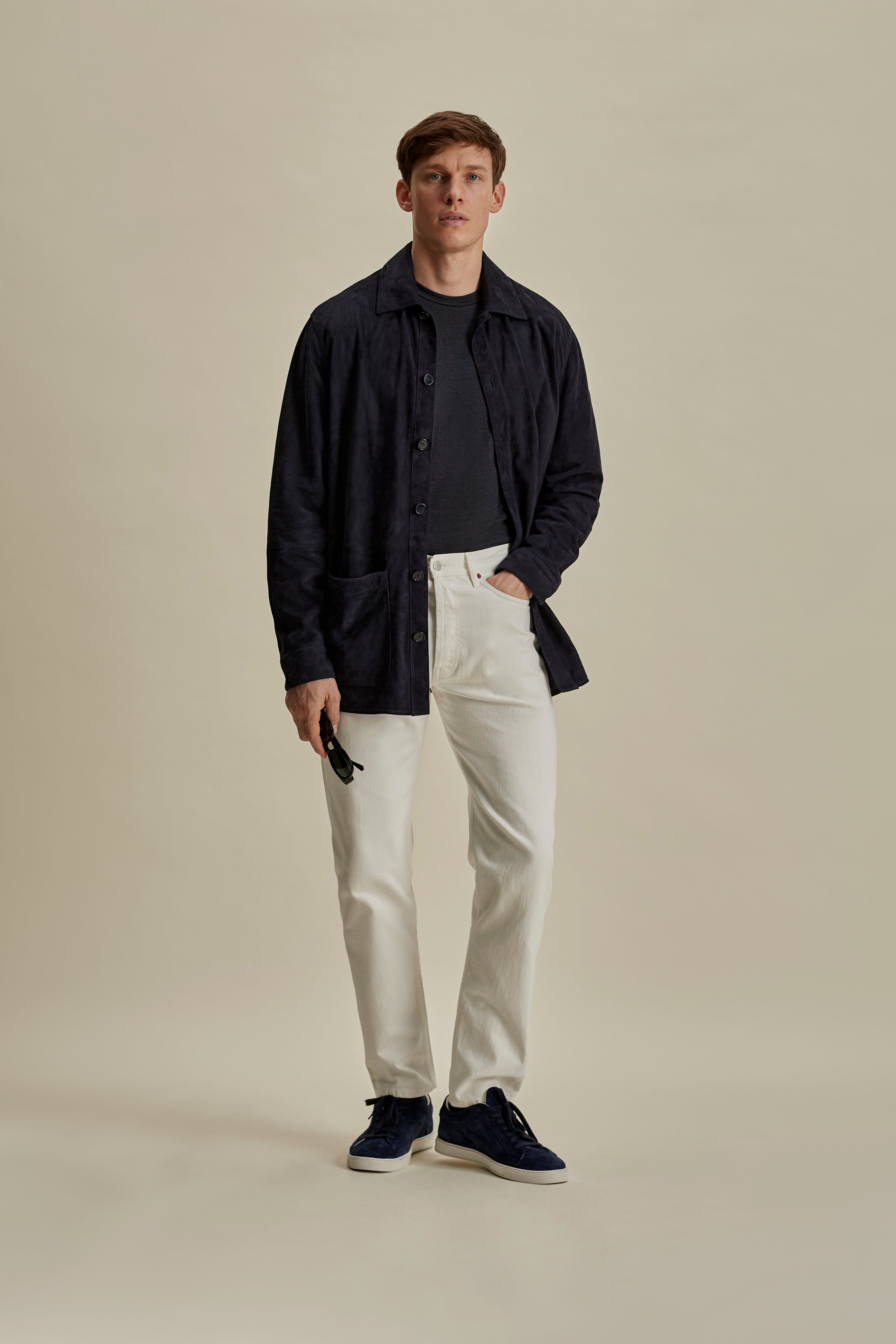 Suede Button Through Overshirt Navy Full Length Model Image