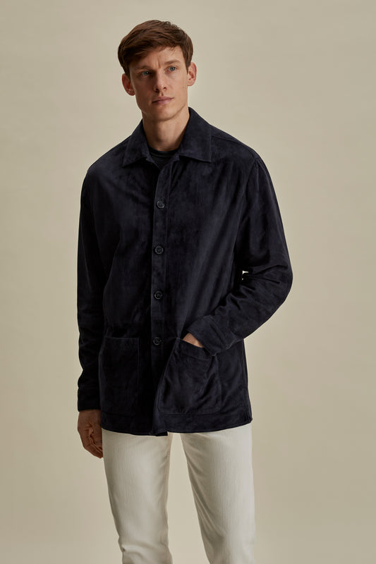 Suede Button Through Overshirt Navy Mid Crop Model Image