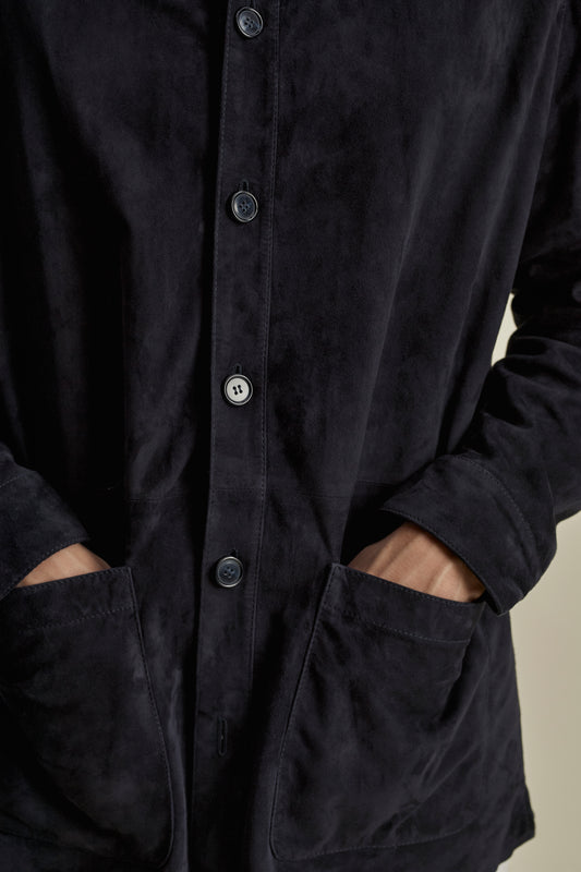 Suede Button Through Overshirt Navy Detail Model Image