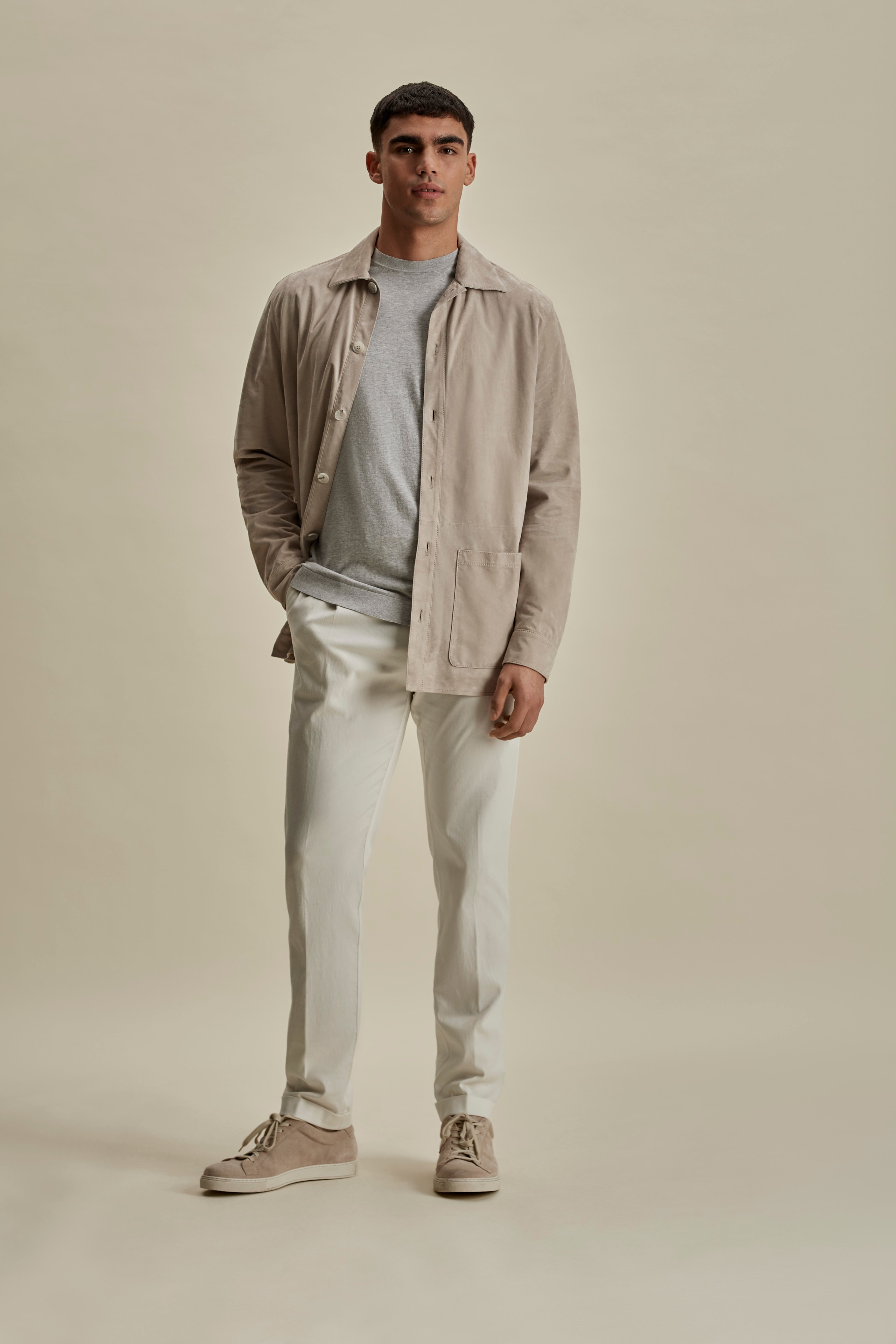 Suede Button Through Overshirt Stone Full Length Model Image