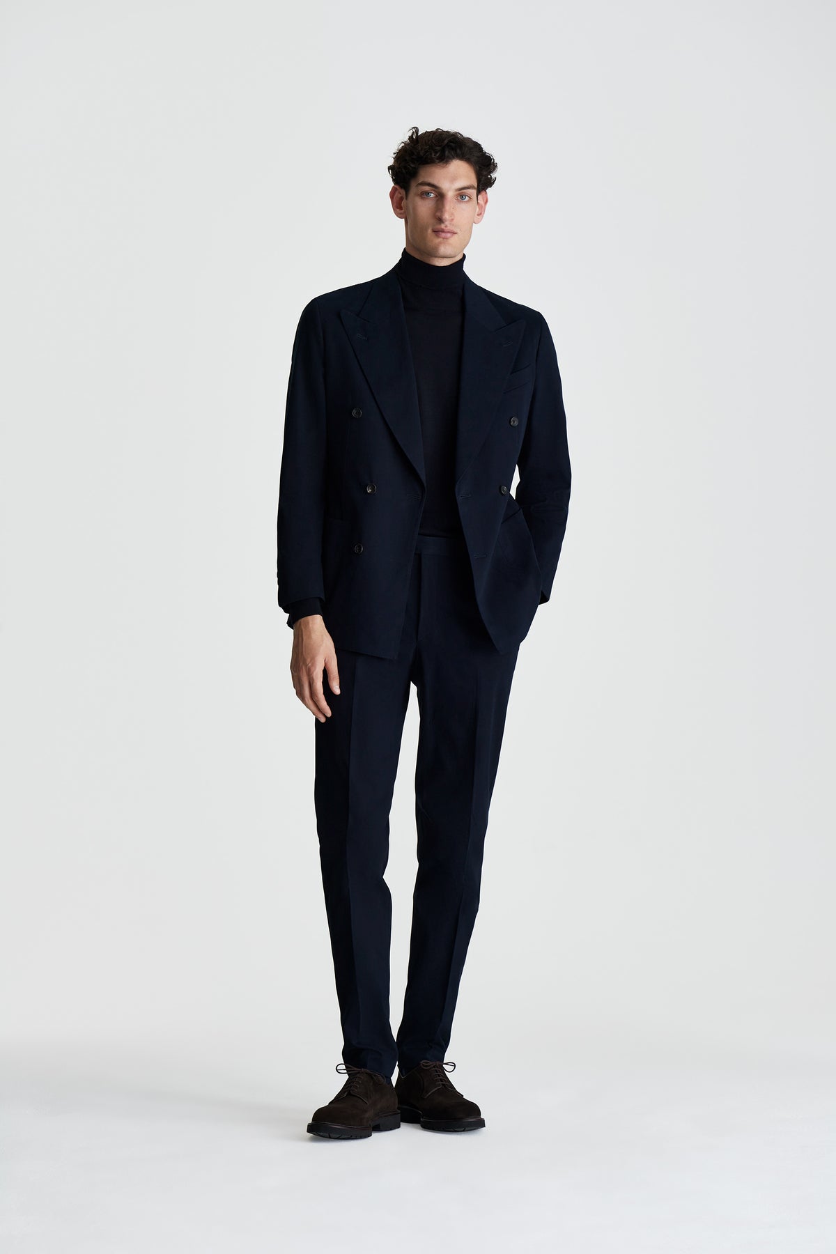 Brushed Cotton Double Breasted Peak Lapel Suit Navy Jacket Model Image