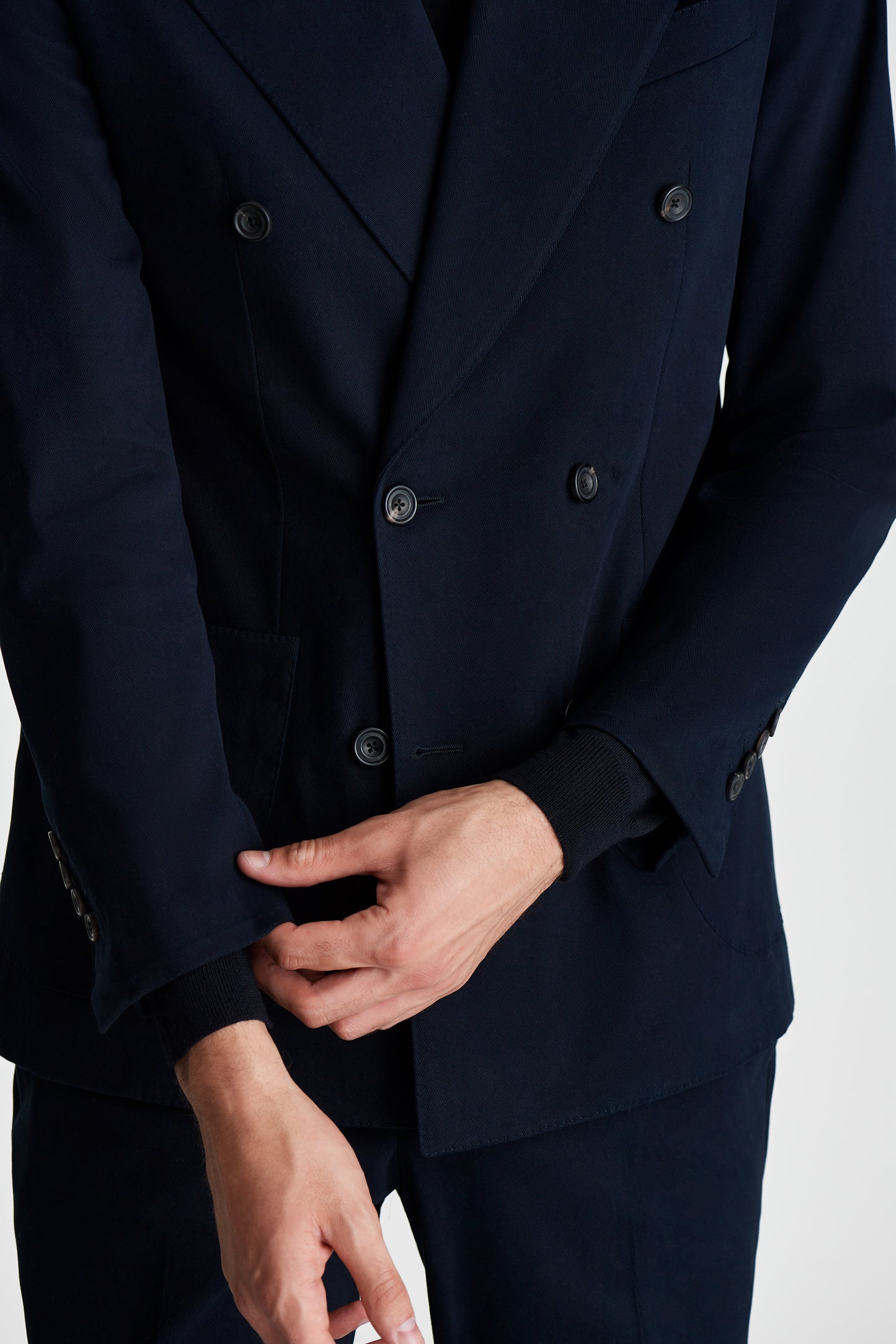Brushed Cotton Double Breasted Peak Lapel Suit Navy Jacket Model Sleeves Image