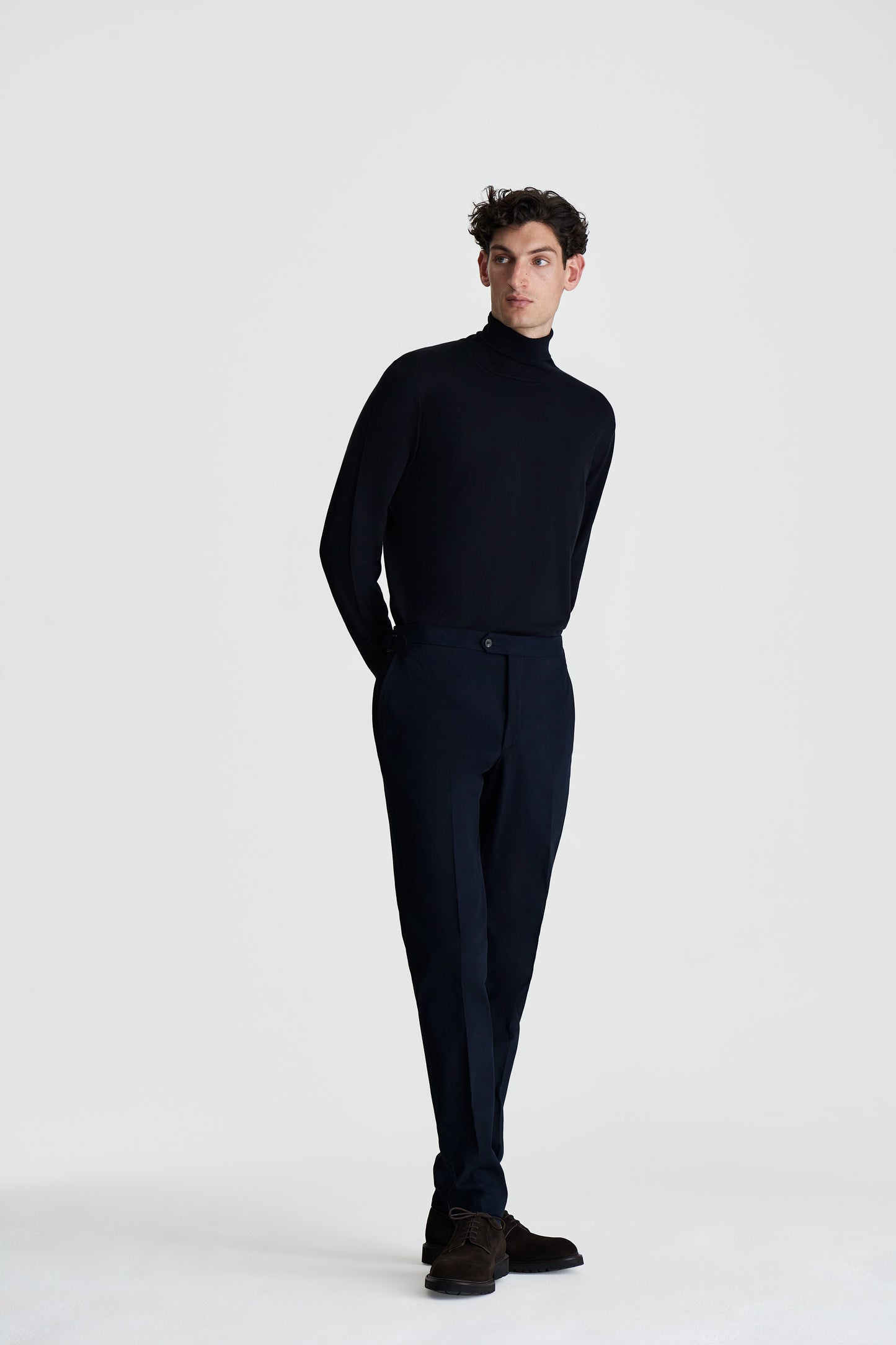 Brushed Cotton Double Breasted Peak Lapel Suit Navy Trouser Model Image