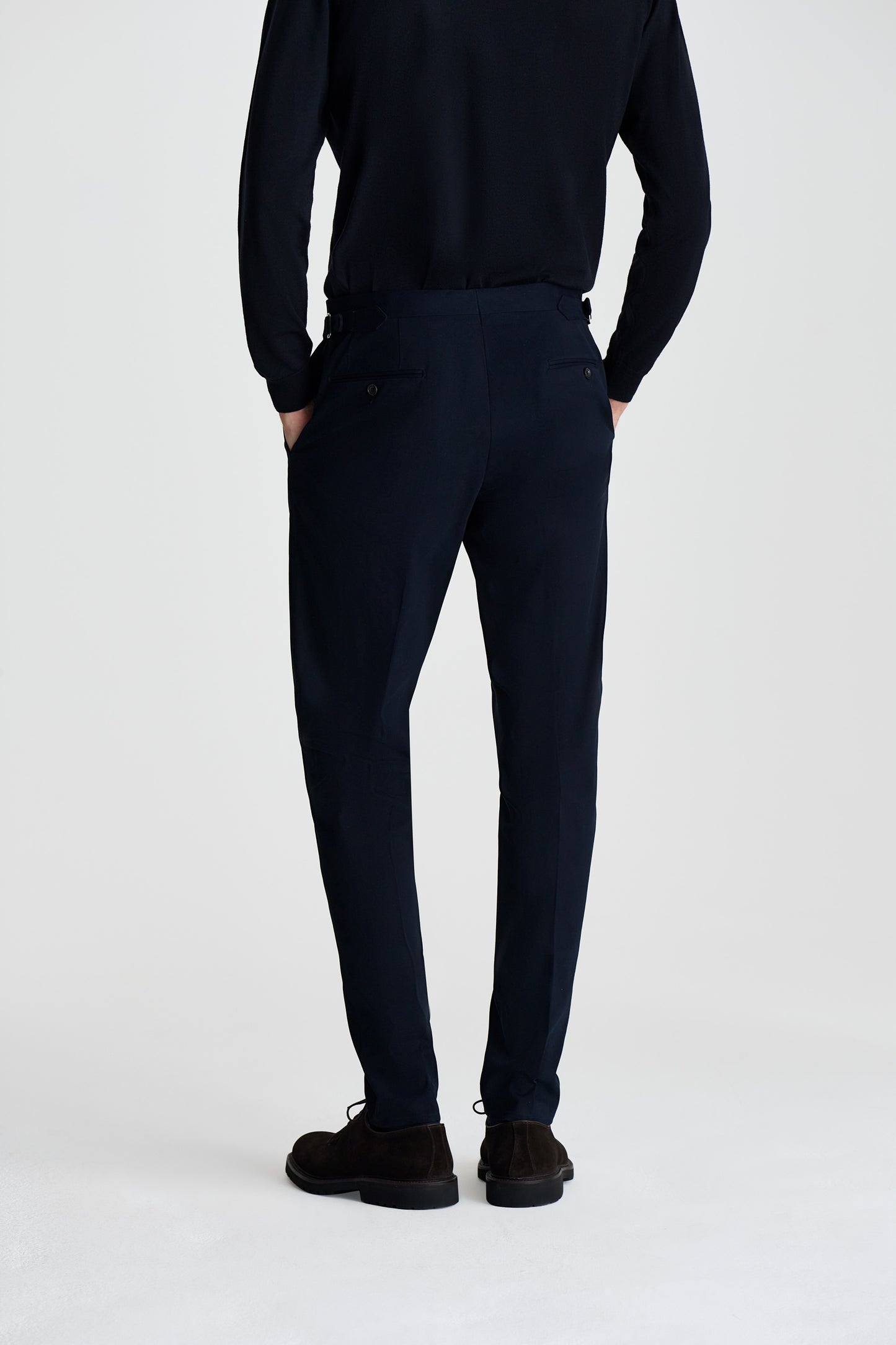 Brushed Cotton Double Breasted Peak Lapel Suit Navy Trouser Model Back Image