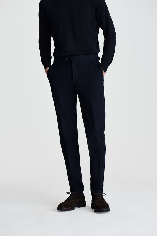Brushed Cotton Double Breasted Peak Lapel Suit Navy Trouser Model Cropped Image