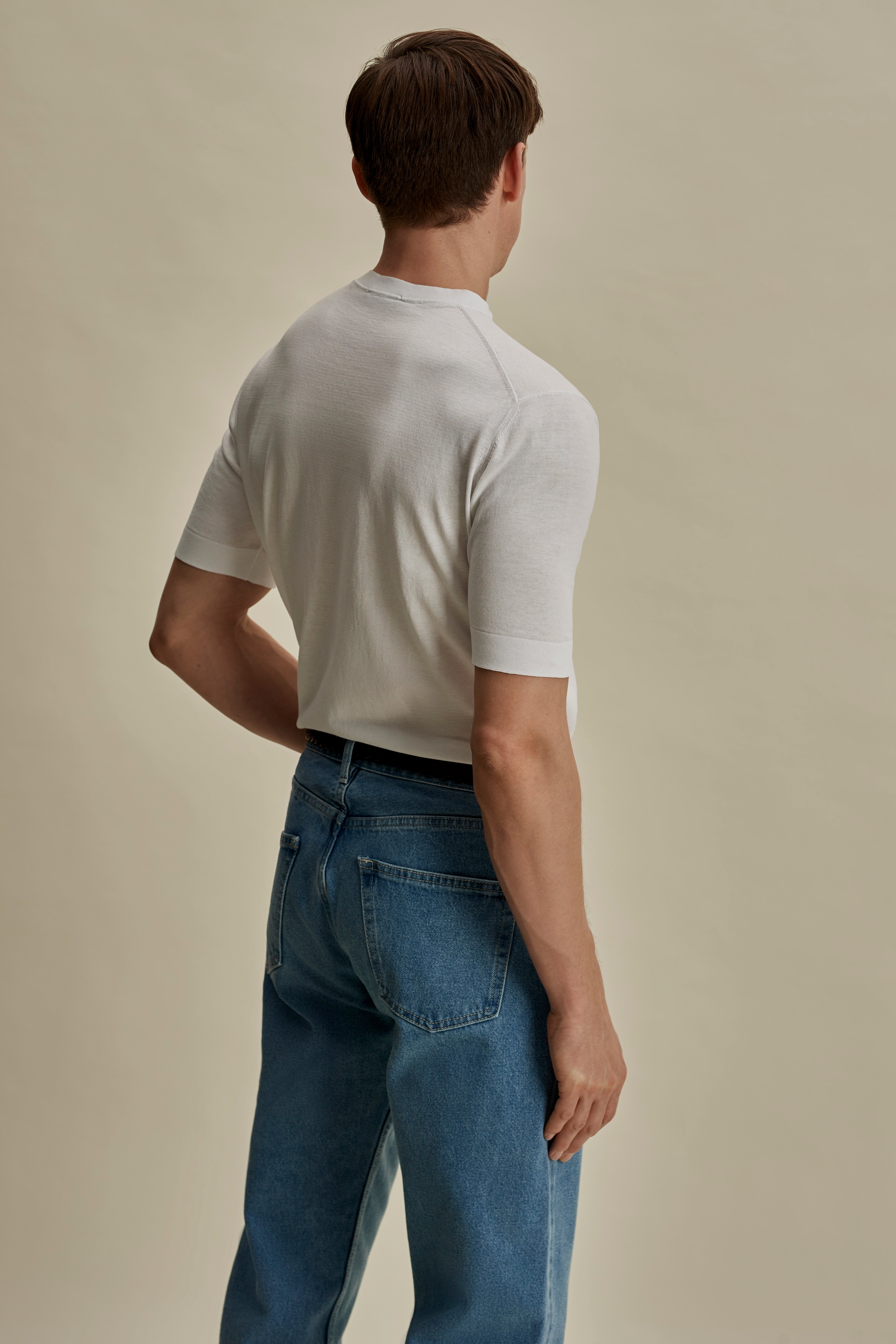 Crepe Cotton T-Shirt White Mid Crop Back Model Image