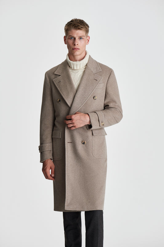 Unstructured Double Breasted Cashmere Overcoat Ash Oak Model Cropped Image