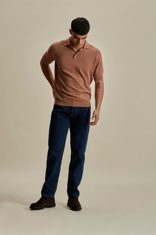 Cotton Air Crepe Polo Shirt Burnt Orange Full Length Model Image