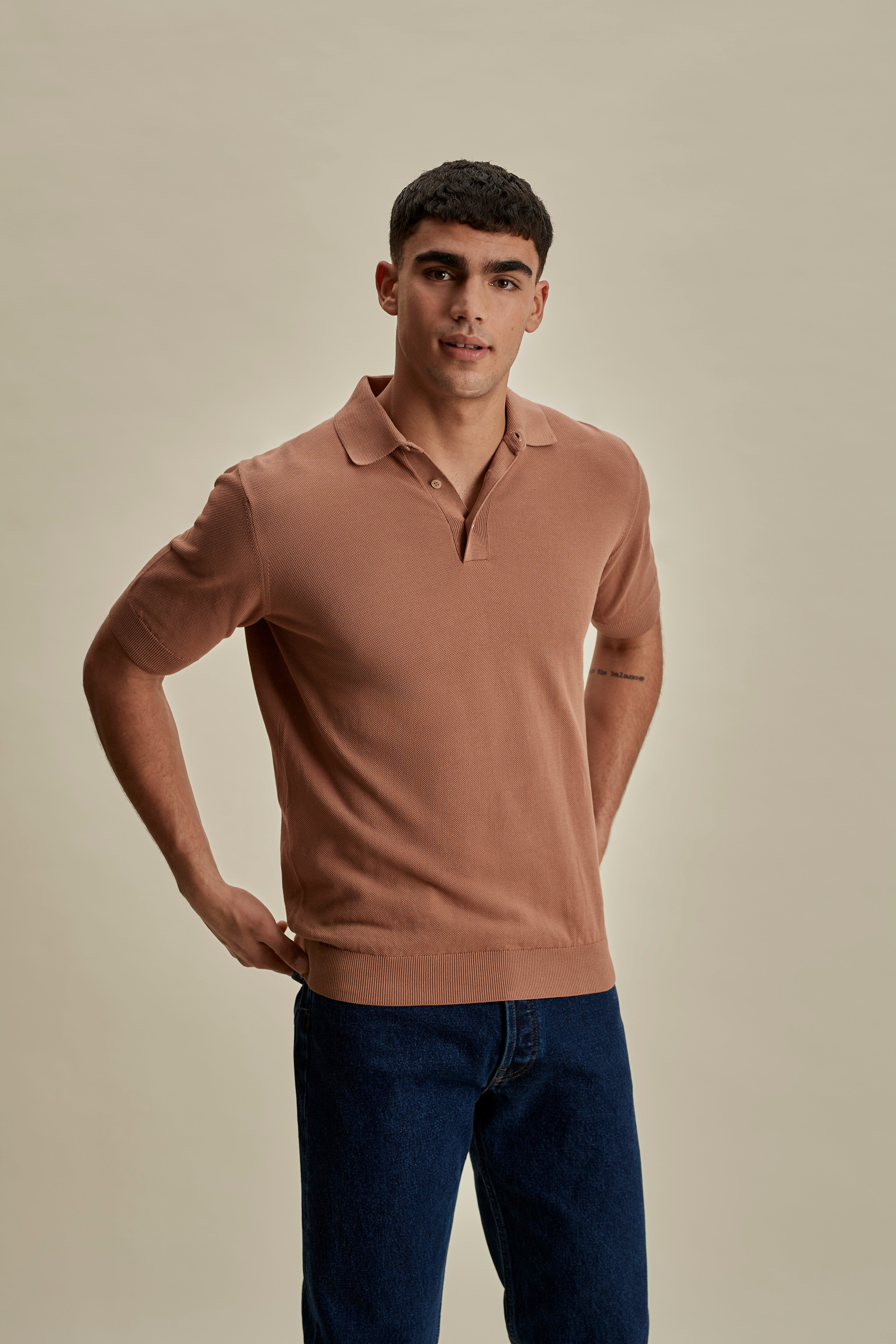 Cotton Air Crepe Polo Shirt Burnt Orange Mid Crop Model Image
