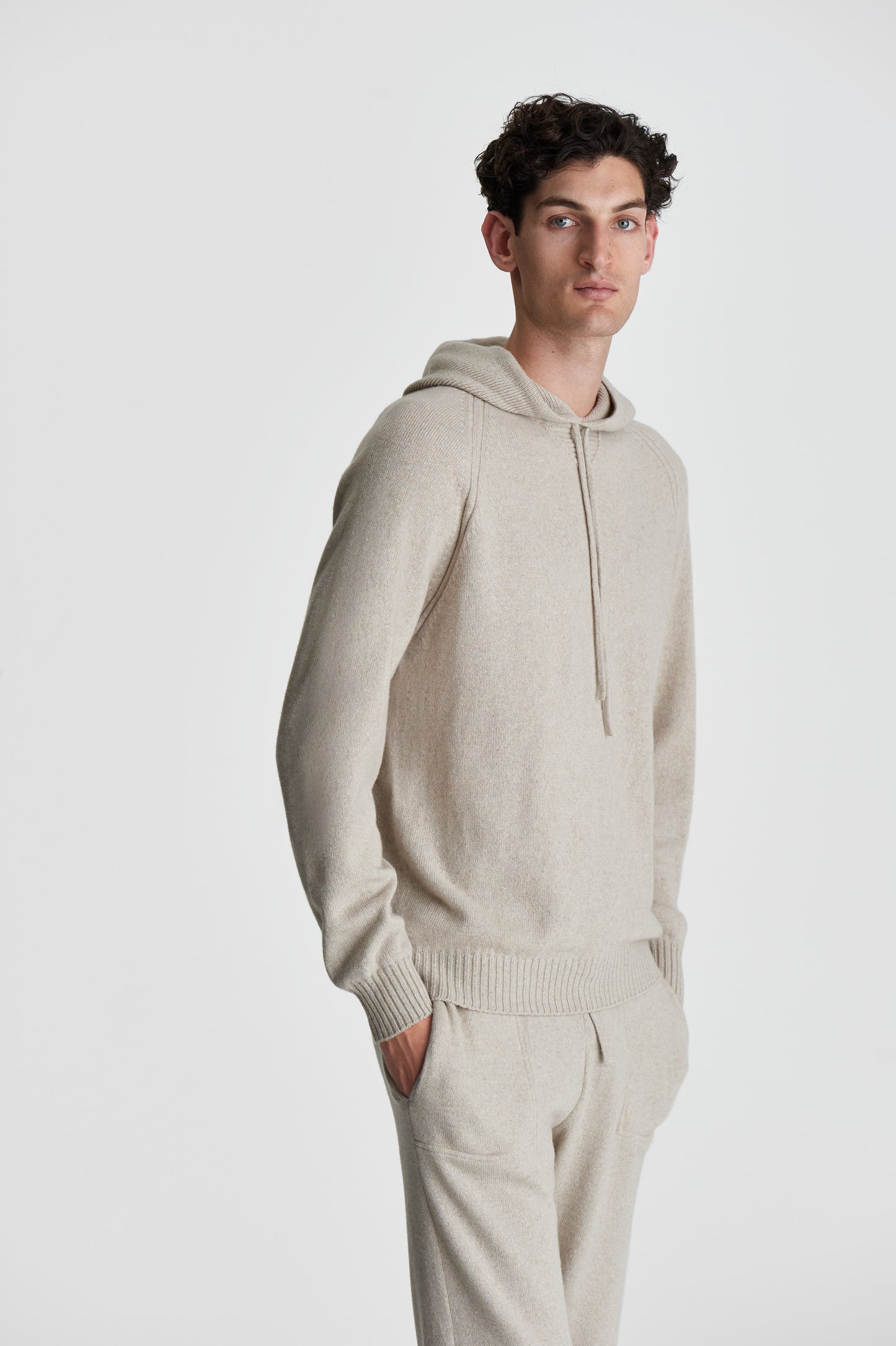 Cashmere Pullover Hoodie Beige Model Cropped Image