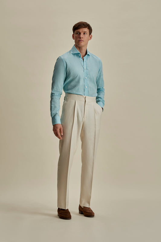 Wool Silk Wide Leg Easy Tailored Trousers Stone Full Length Model Image