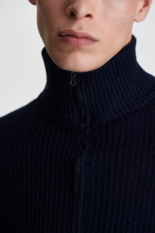 Cashmere Zip-Through Fisherman Rib Sweater Navy Model Closed Neck Image