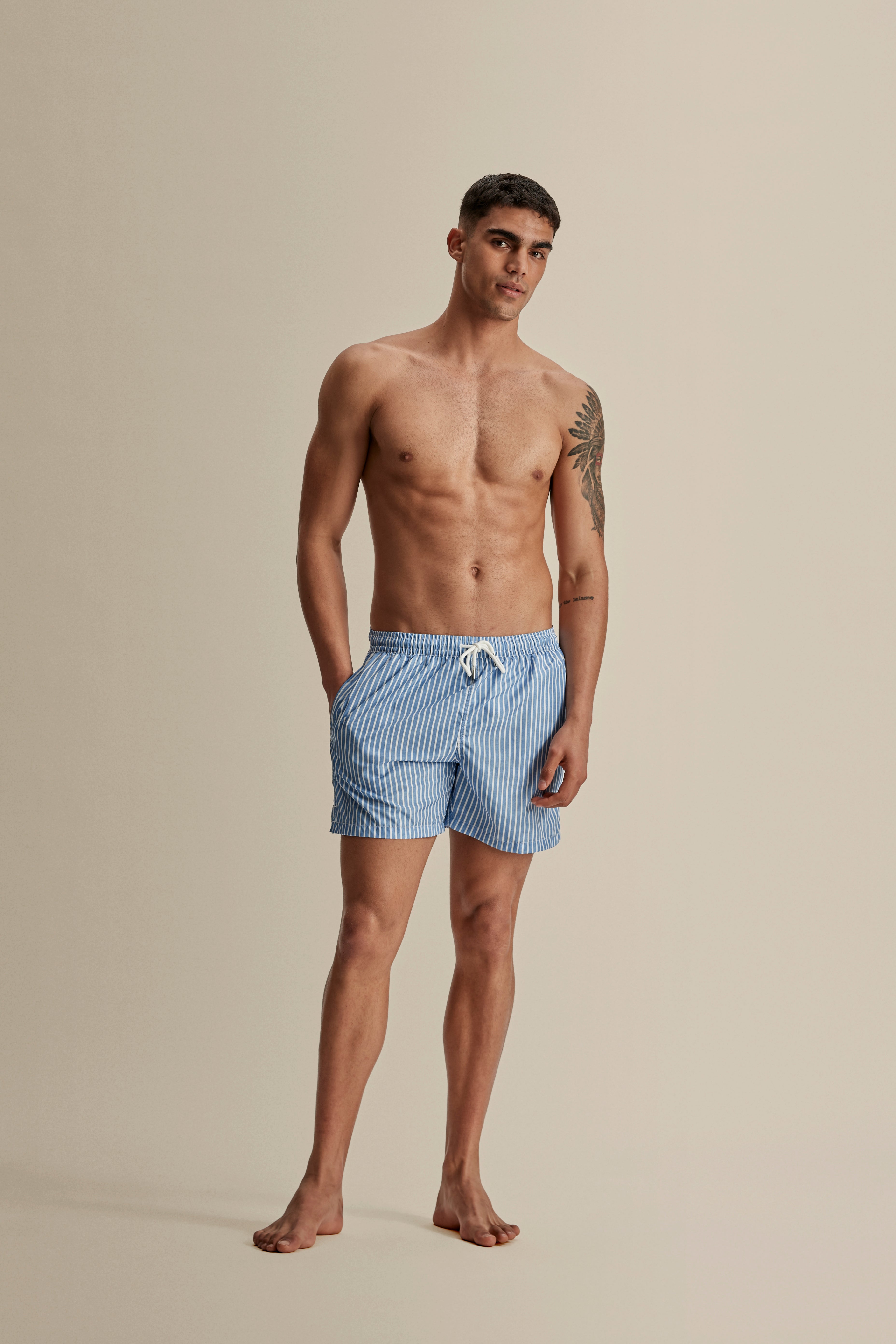 Nylon Mid Length Swim Shorts Blue Stripe Full Length Model Image