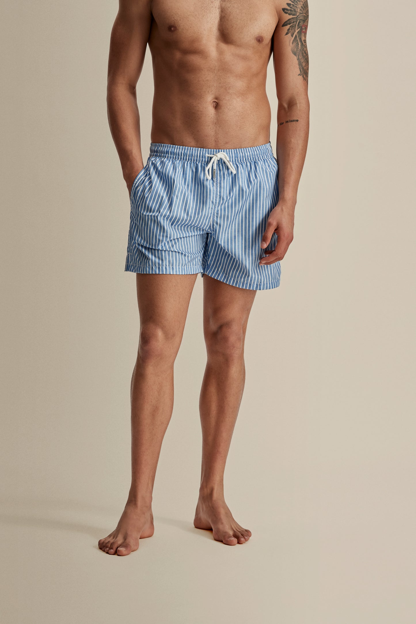 Nylon Mid Length Swim Shorts Blue Stripe Crop Model Image
