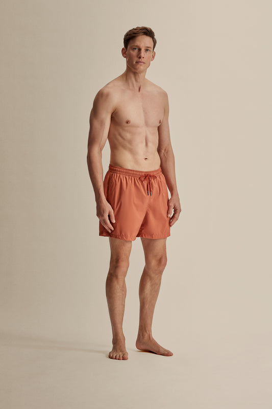 Nylon Mid length Swim Shorts Burnt Red Model Full Length Image
