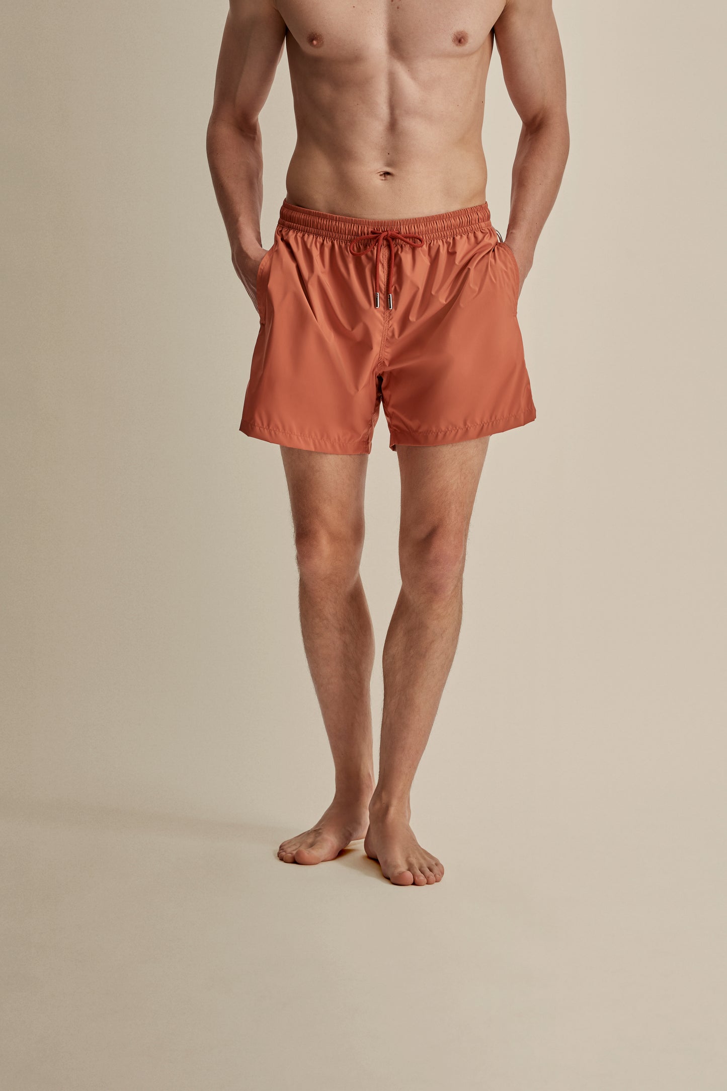 Nylon Mid length Swim Shorts Burnt Red Model Crop Image
