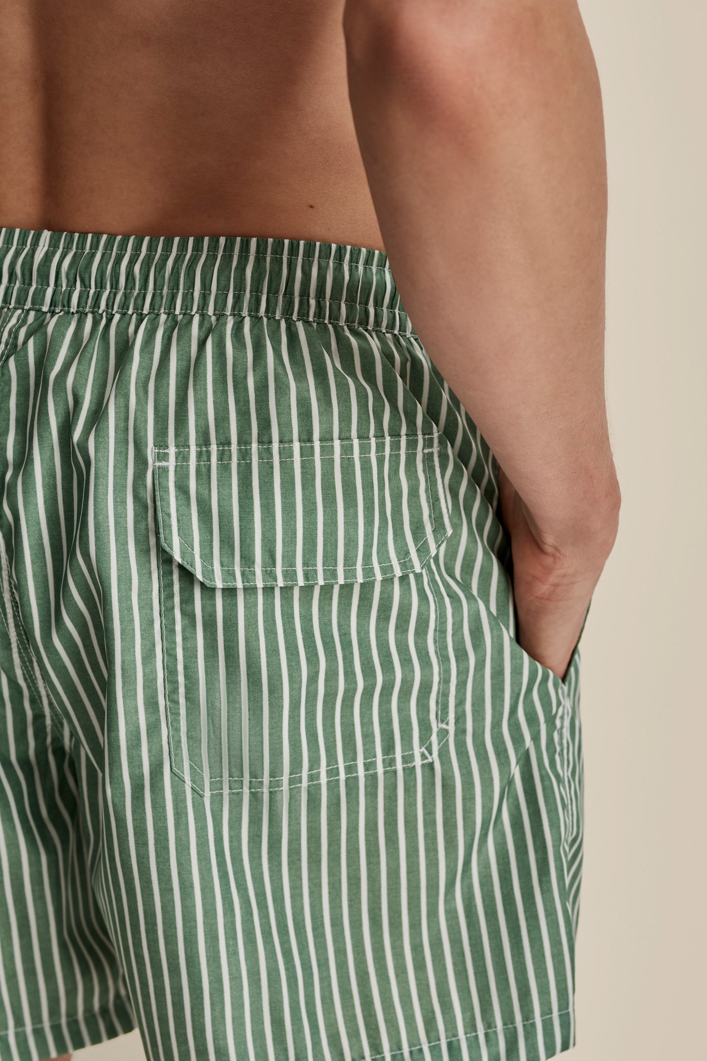 Nylon Mid Length Swim Shorts Green Stripe Model Detail Image