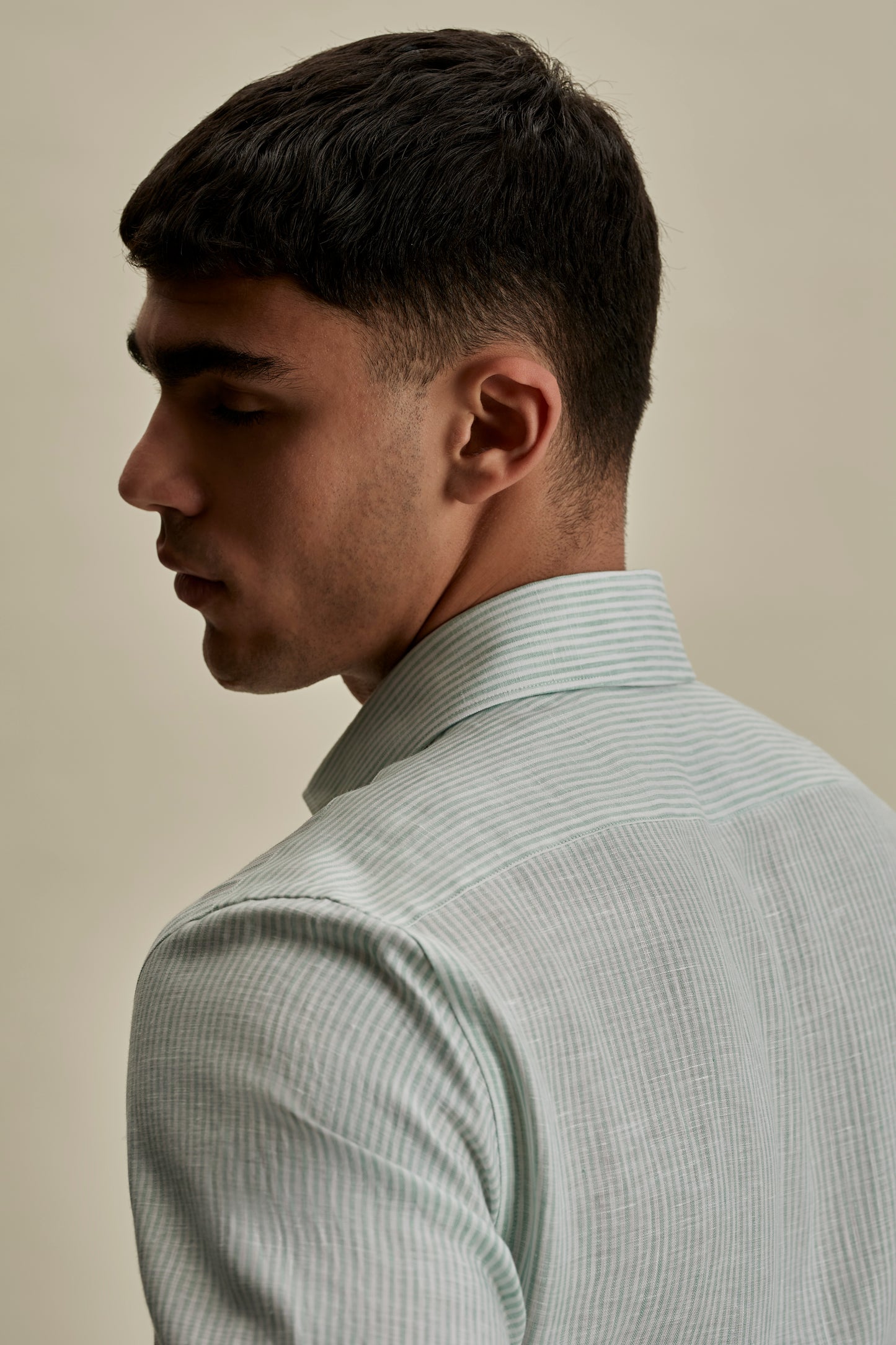 Linen Striped Cutaway Collar Shirt Green Stripe Detail Model Image