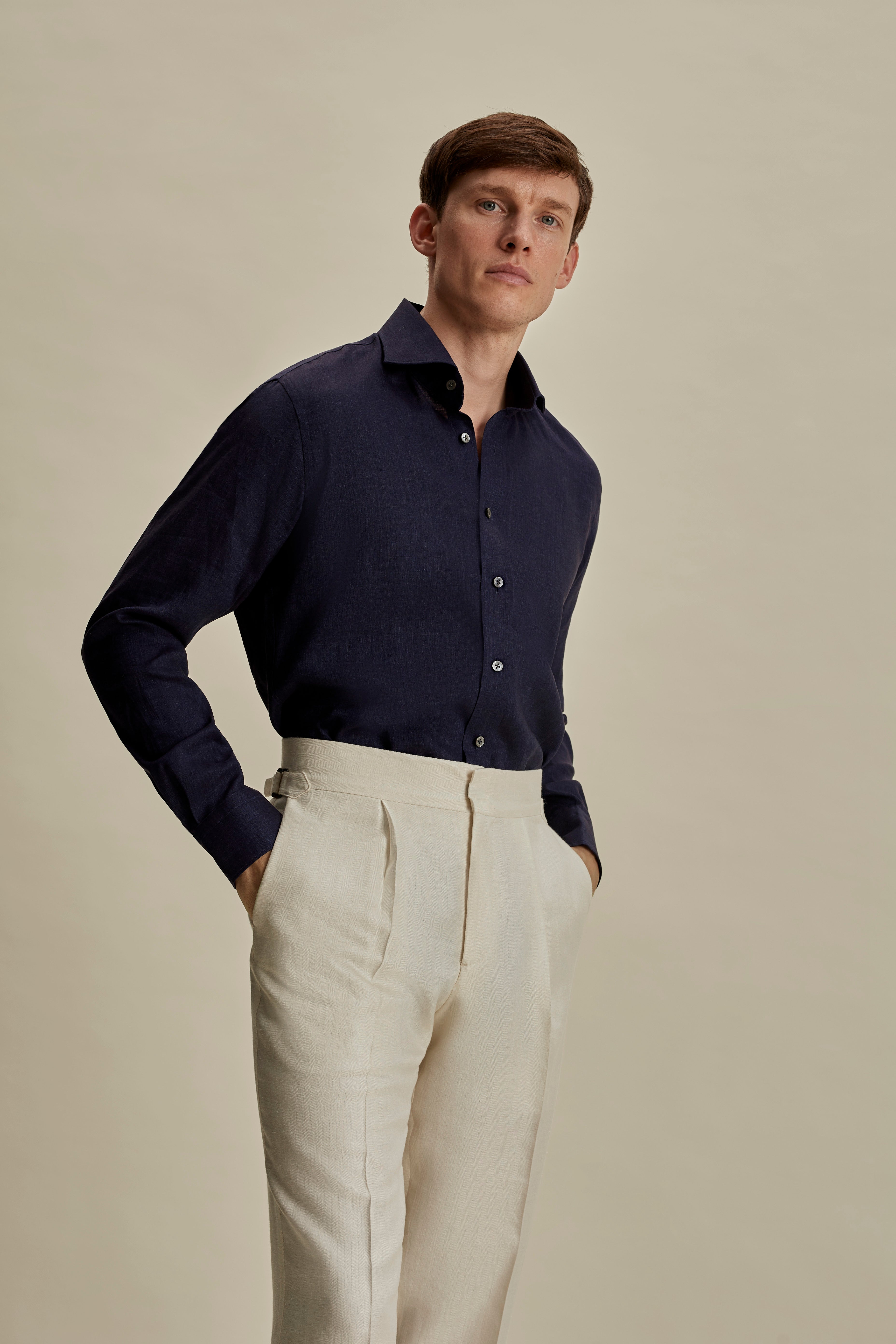 Linen Cutaway Collar Shirt navy Mid Crop Model Image