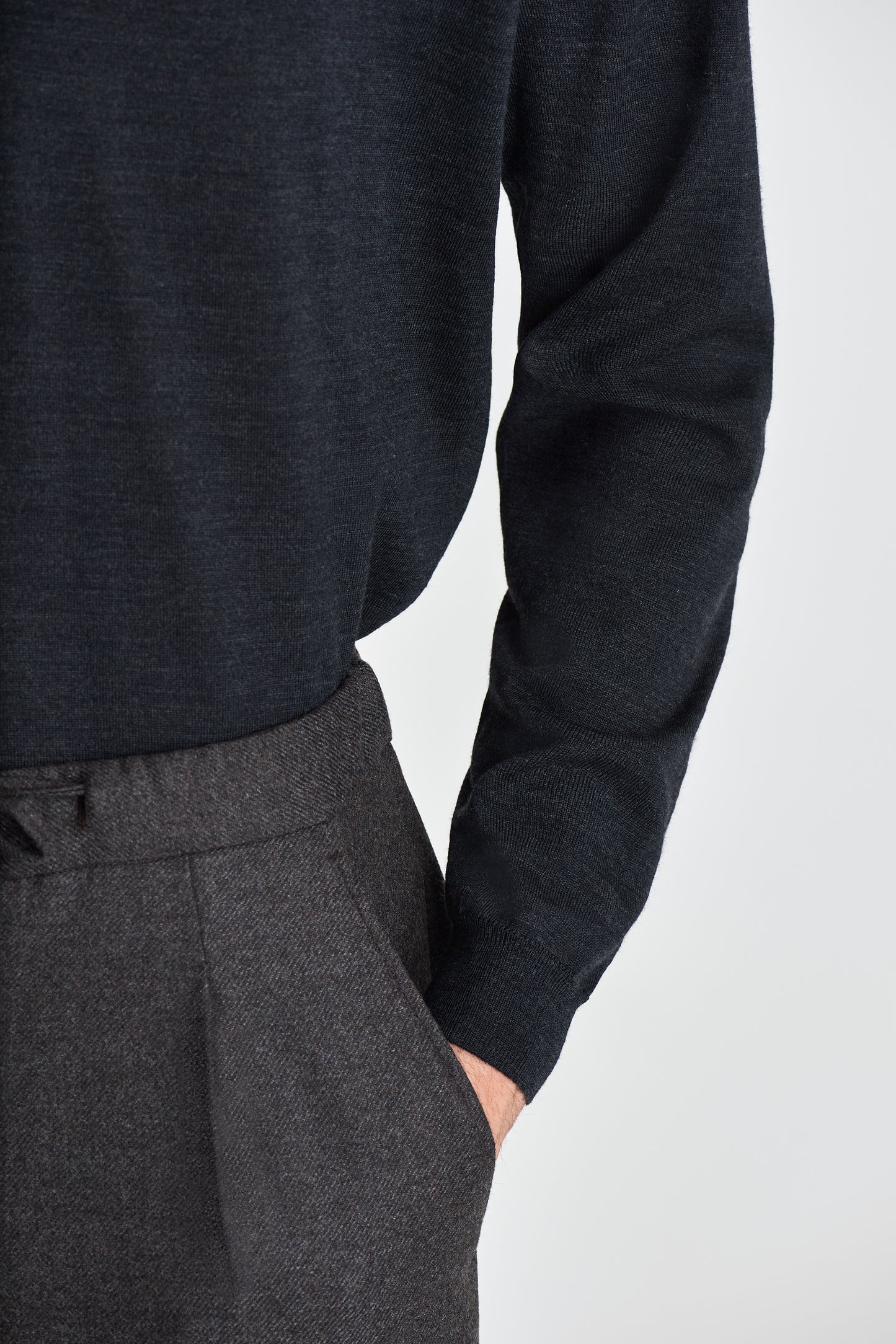 Merino Wool Extrafine V-Neck Sweater Grey Model Sleeve Image