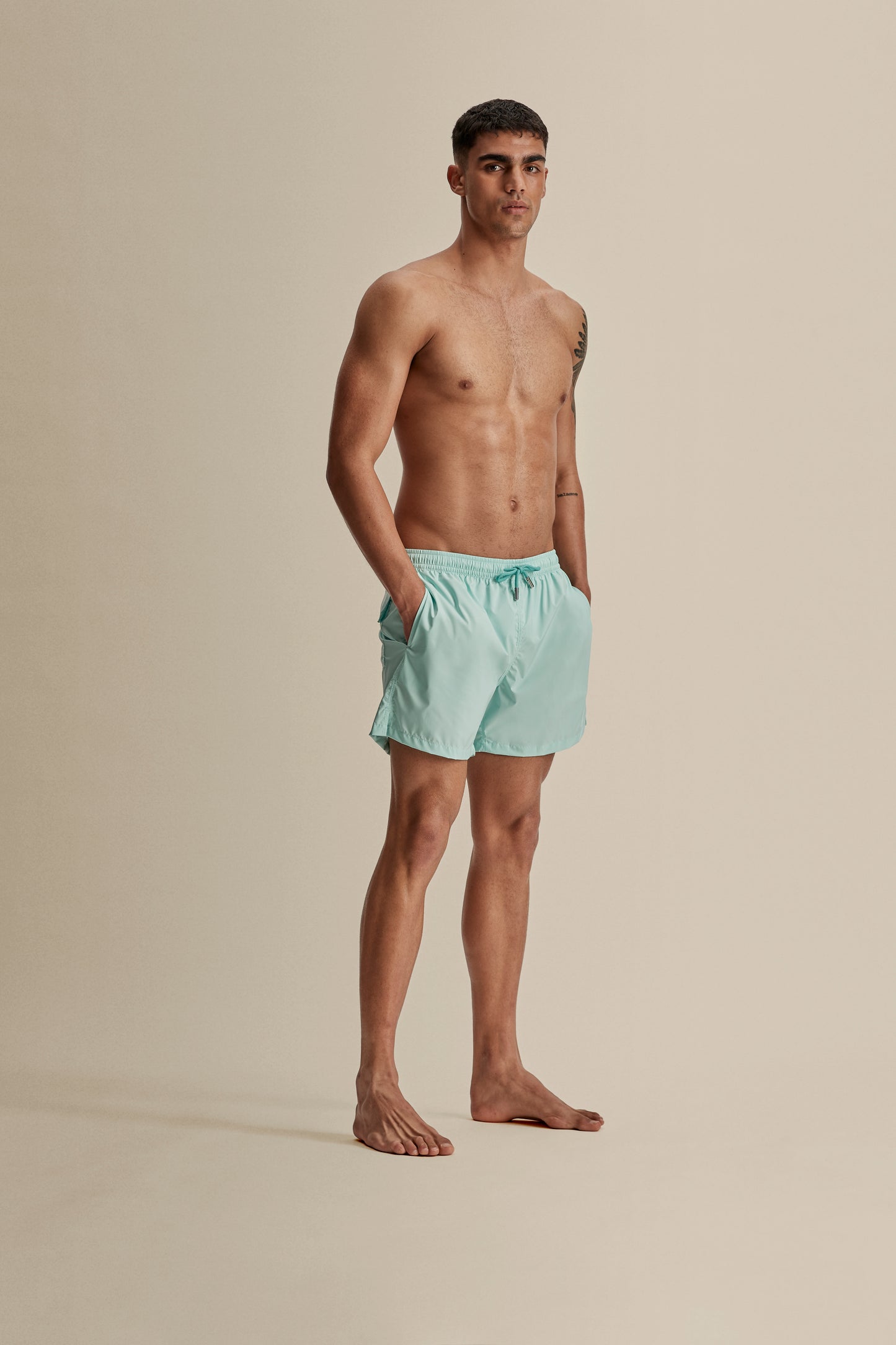 Nylon Mid Length Swim Shorts Powder Mint Model Full Length Image