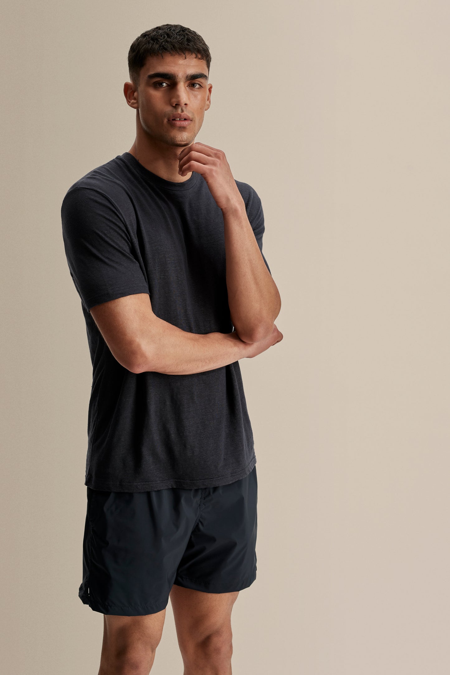 Linen Jersey T-Shirt Navy Mid Crop Model Image