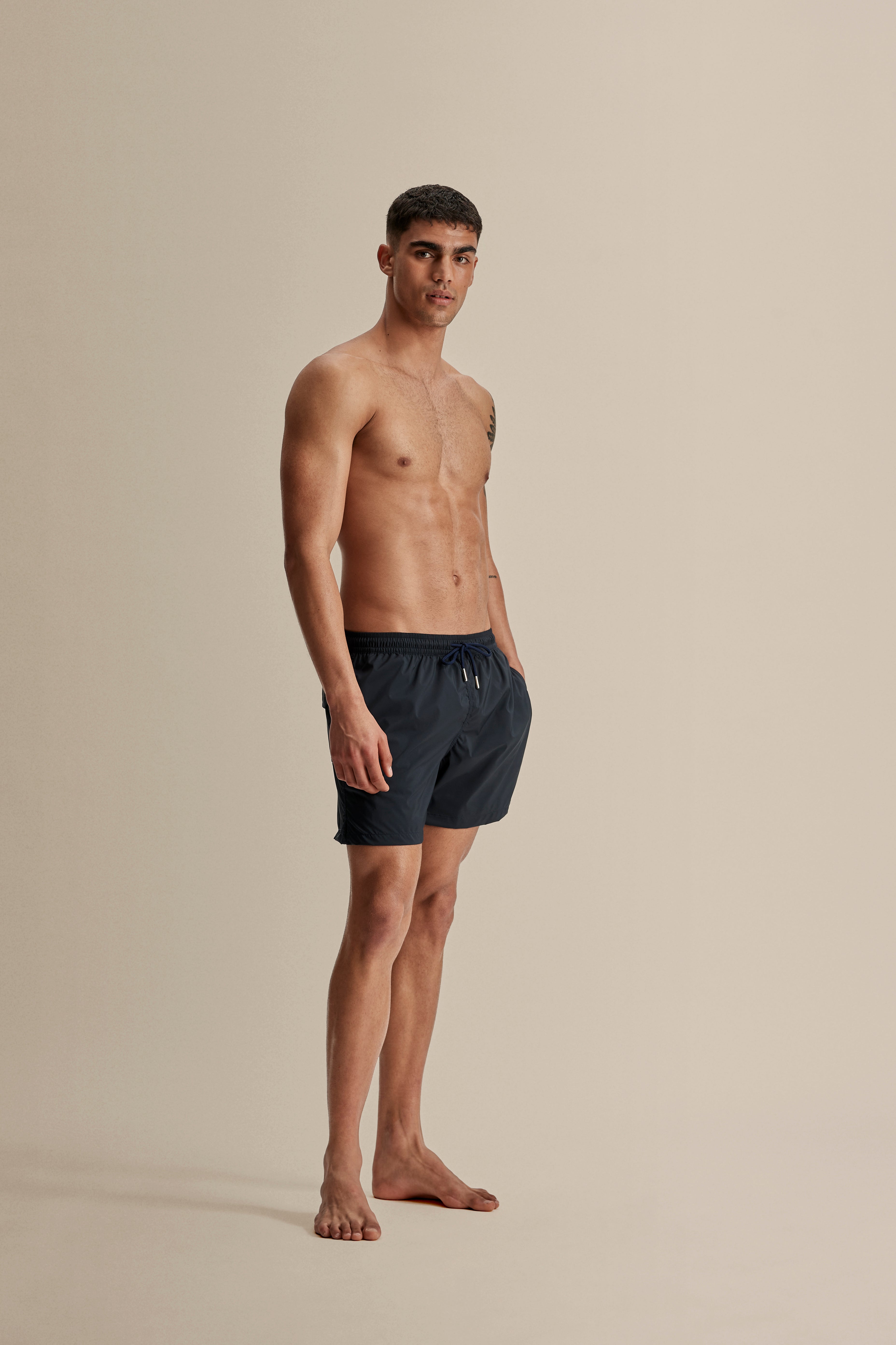 Nylon Mid Length Swim Shorts Navy Full Length Model Image