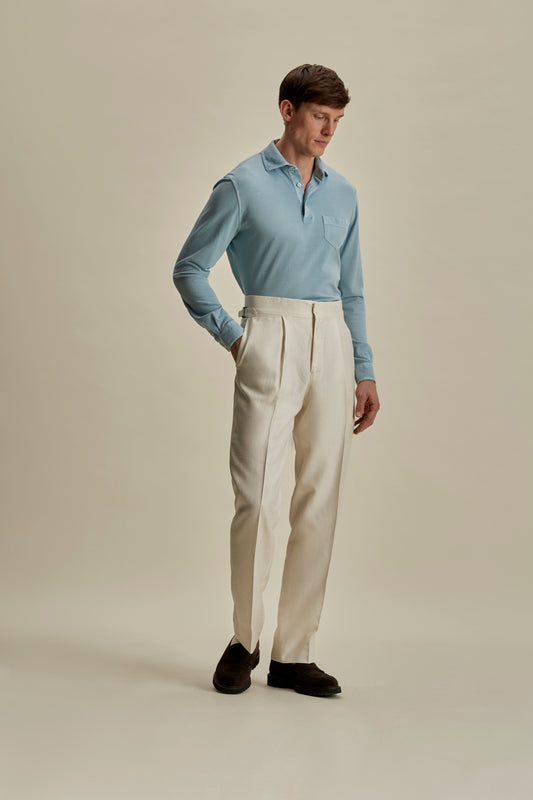 Cotton Pique Long Sleeve Polo Shirt Light Blue Full Length Model Image