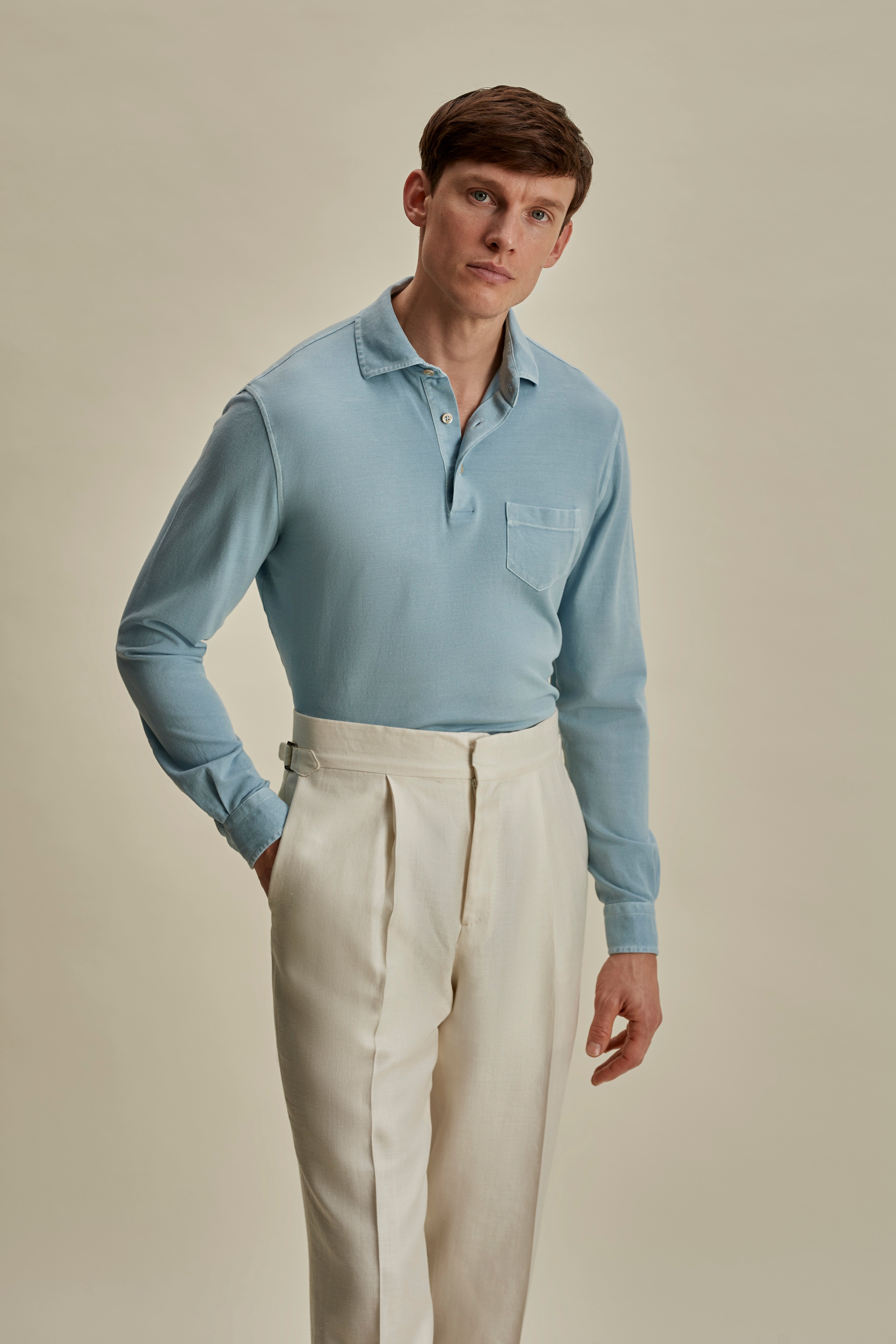 Cotton Pique Long Sleeve Polo Shirt Light Blue Mid Crop Model Image