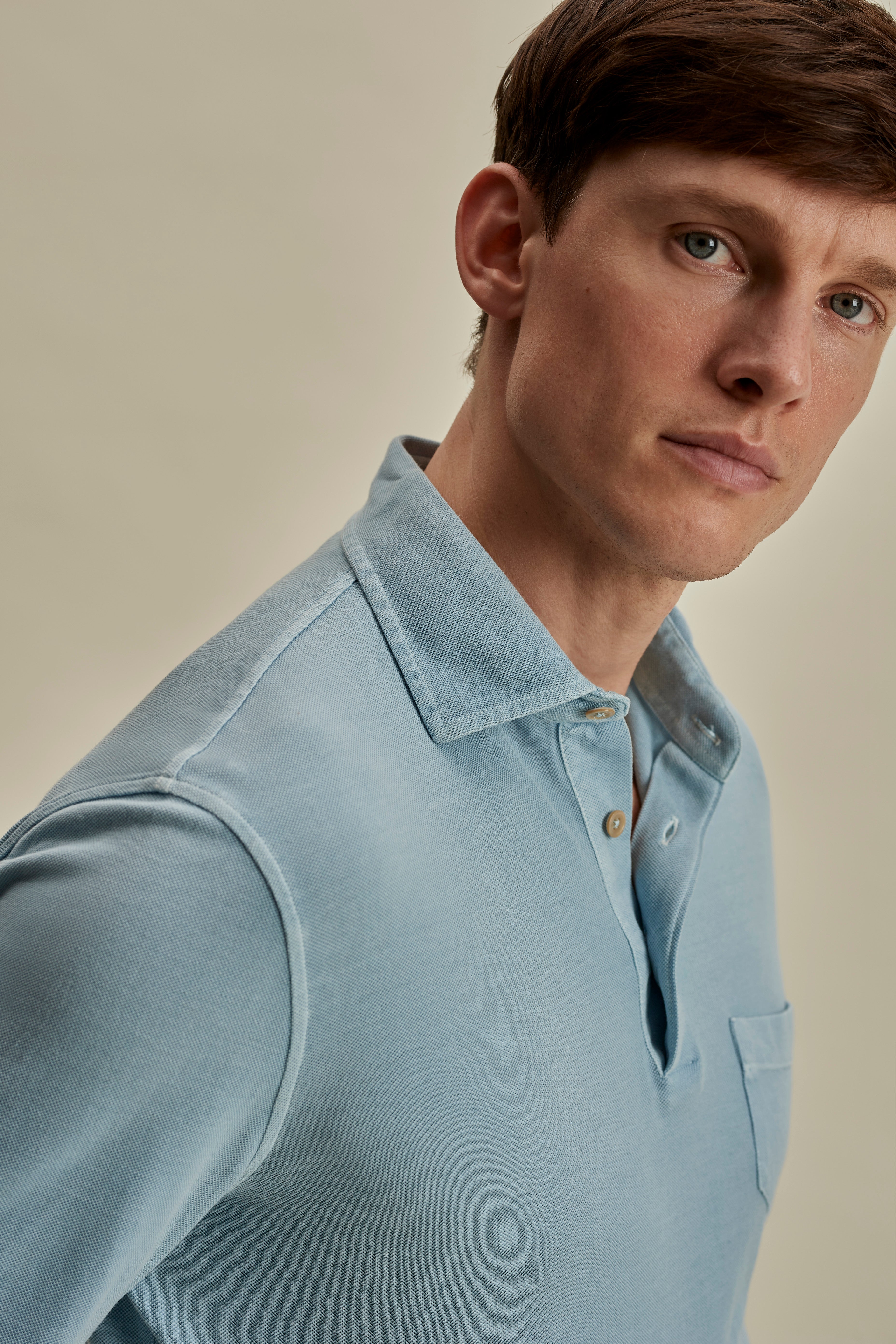Cotton Pique Long Sleeve Polo Shirt Light Blue Detail Model Image
