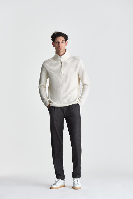 Wool Cashmere Half-Zip Fisherman Sweater White Model Image