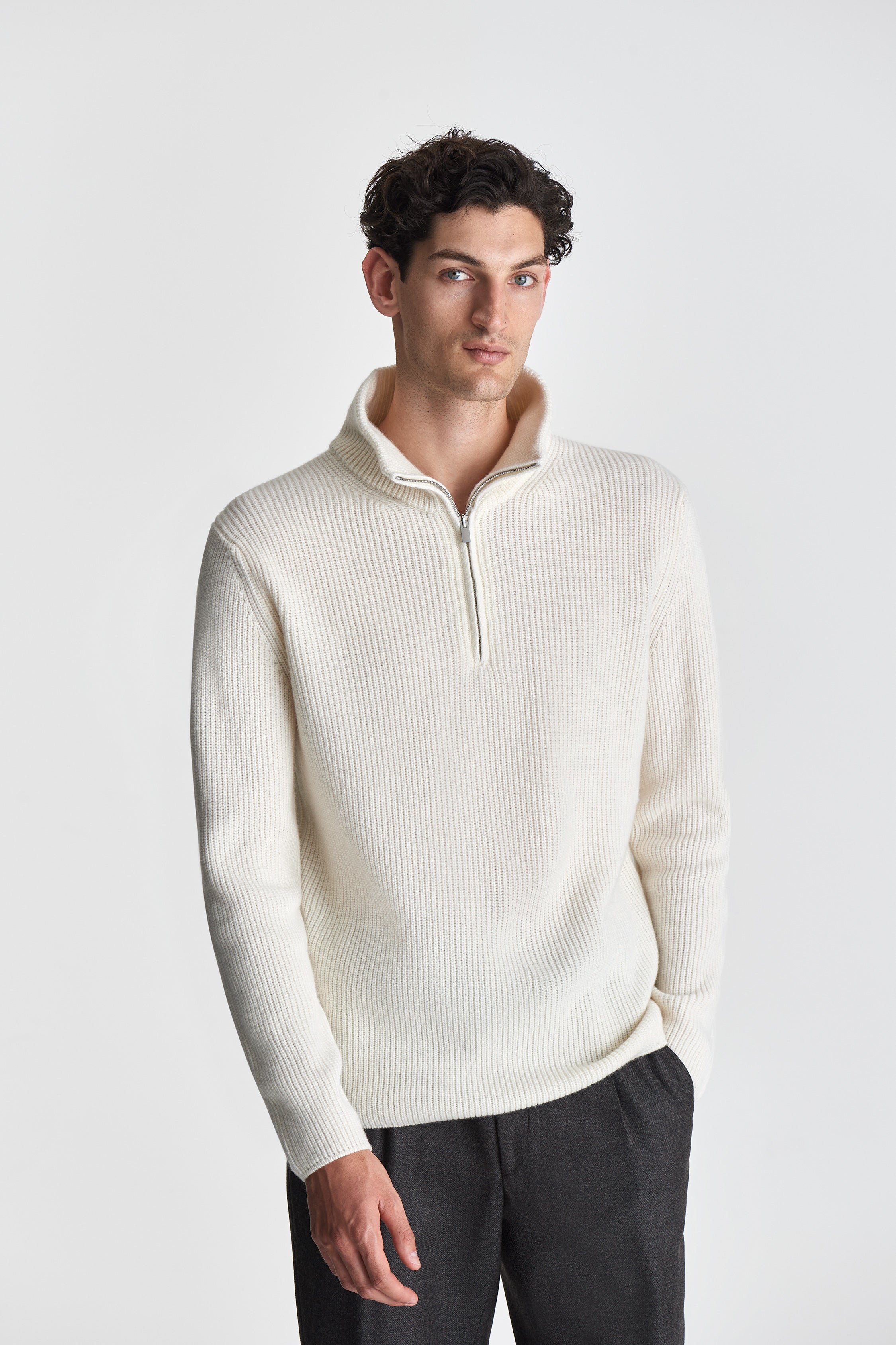 Wool Cashmere Half-Zip Fisherman Sweater White Model Cropped Image