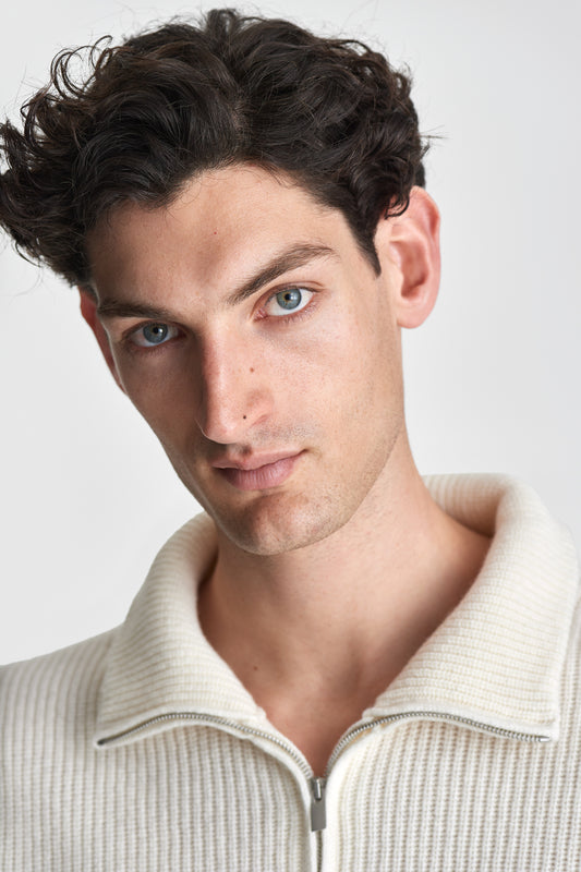 Wool Cashmere Half-Zip Fisherman Sweater White Model Neck Image