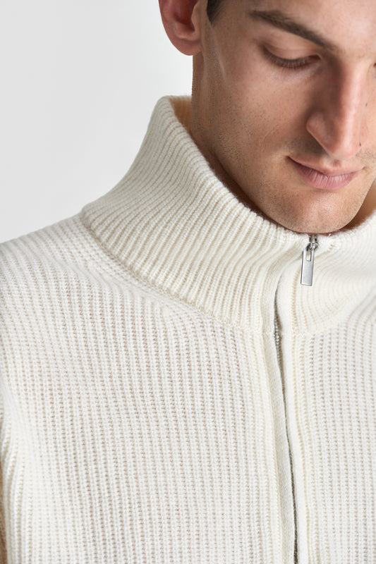 Wool Cashmere Half-Zip Fisherman Sweater White Model Zipped Neck Image