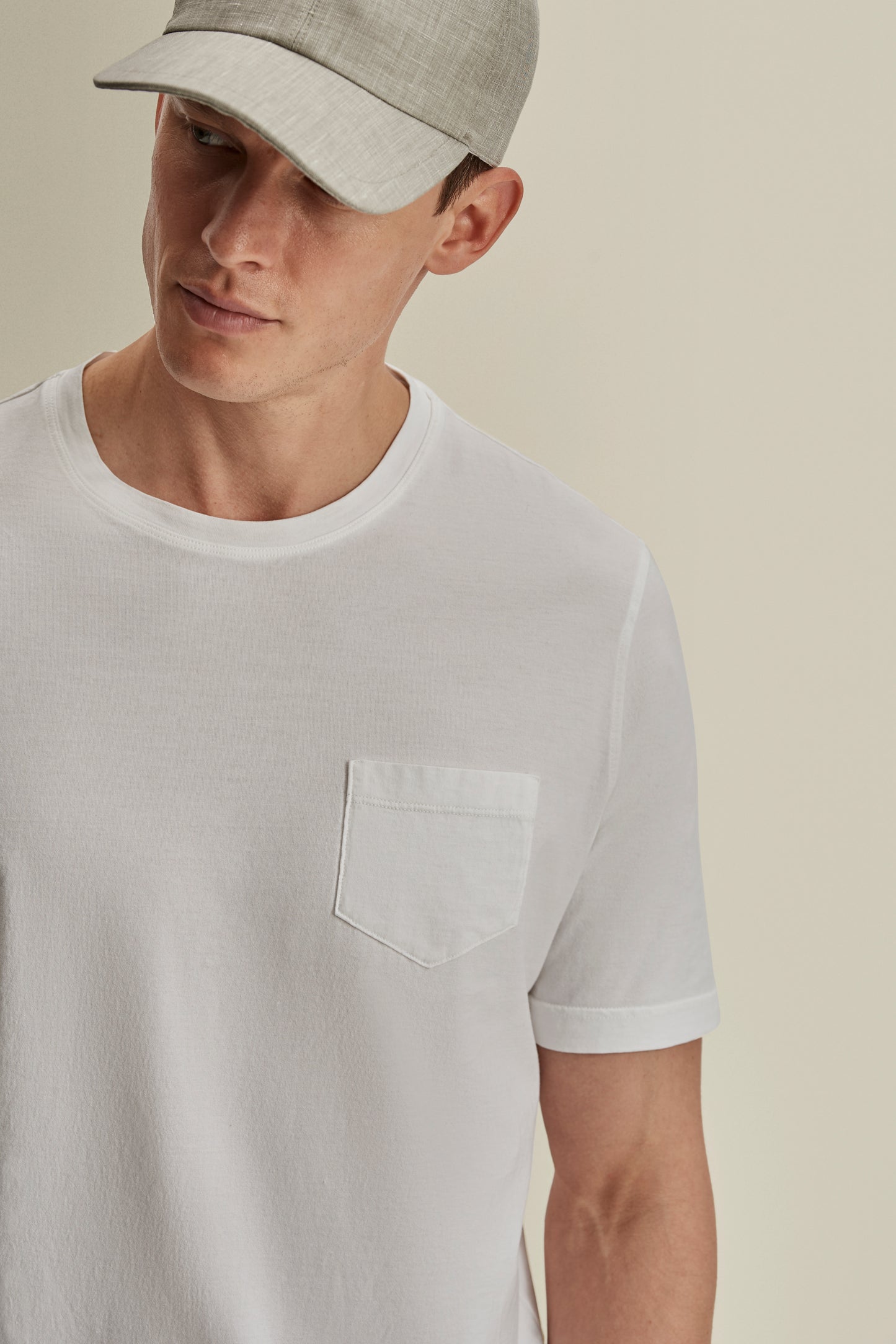 Cotton Pocket T-Shirt White Model Pocket DetailCotton Pocket T-Shirt White Model Front