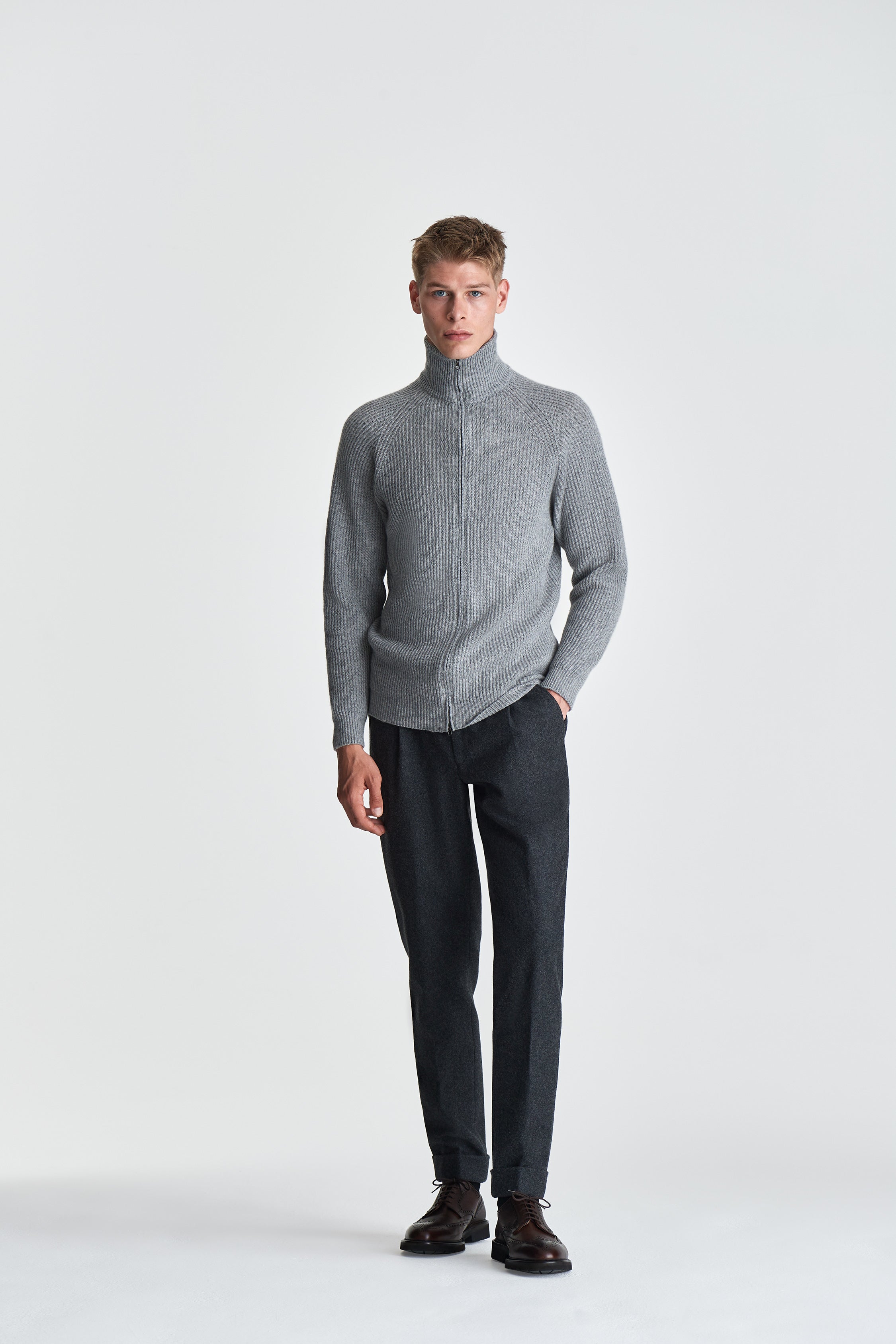 Cashmere Zip-Through Fisherman Rib Sweater Grey Model Image