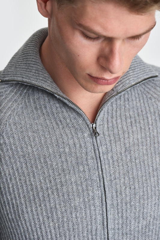 Cashmere Zip-Through Fisherman Rib Sweater Grey Model Neck Image