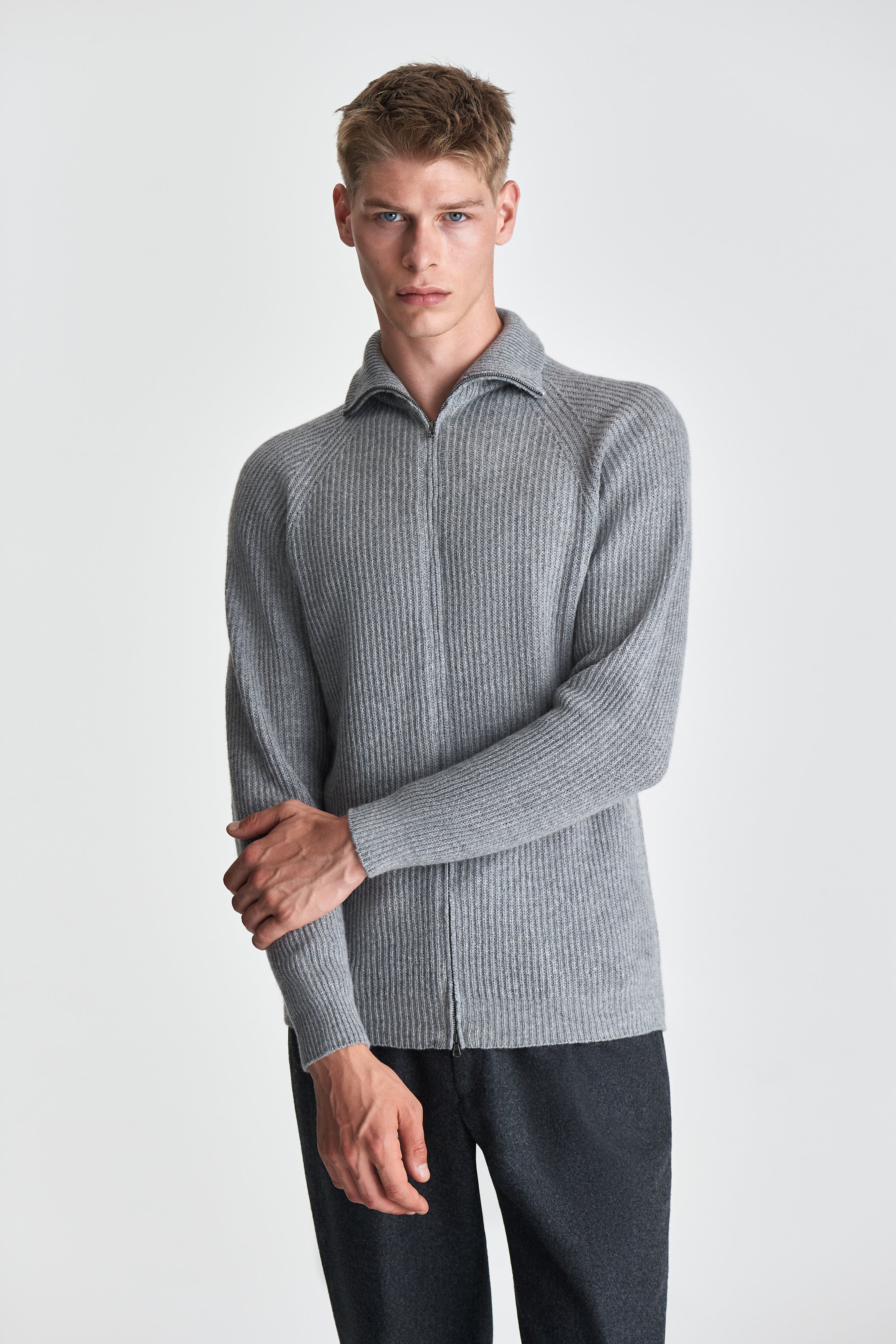 Cashmere Zip-Through Fisherman Rib Sweater Grey Model Cropped Image