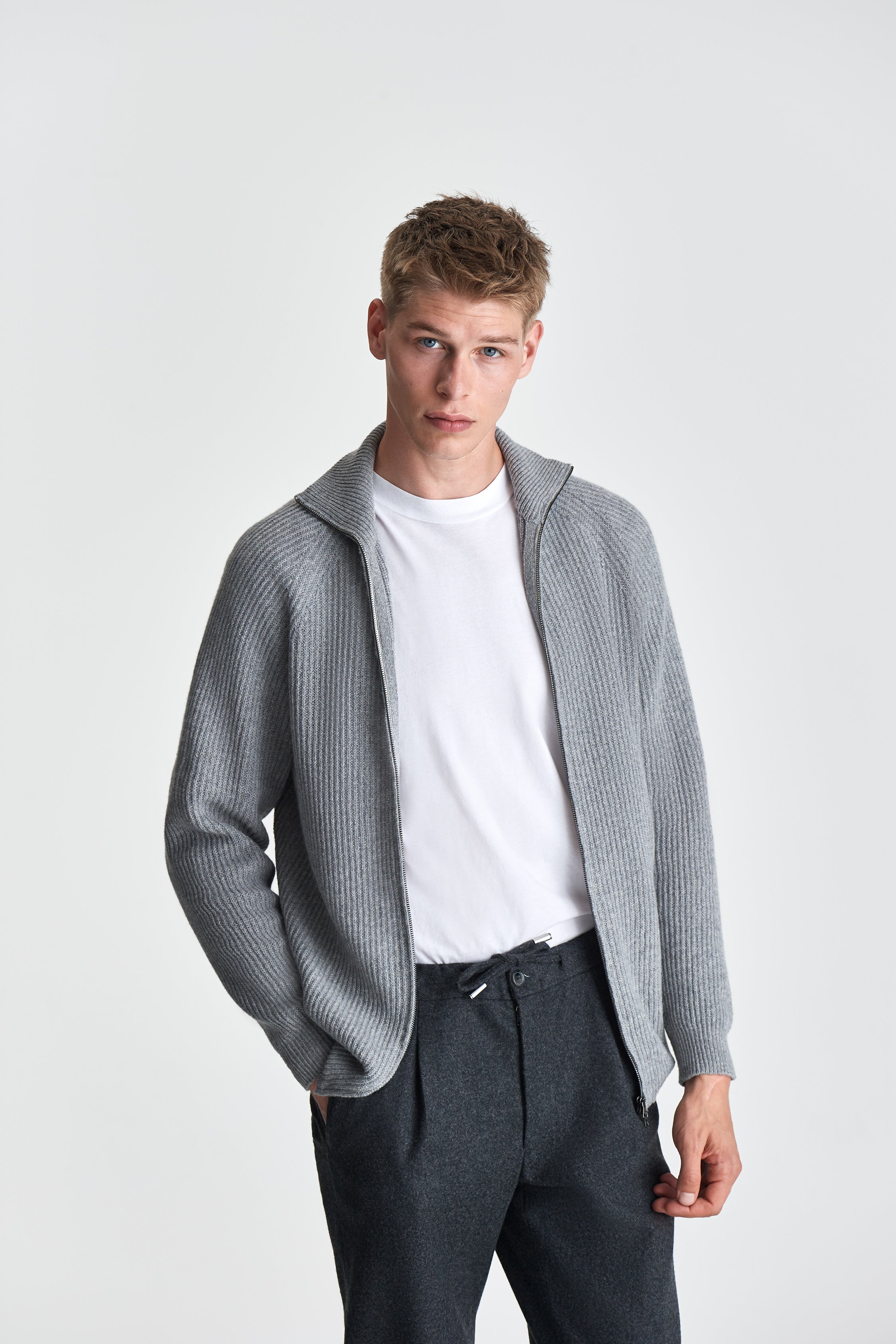 Cashmere Zip-Through Fisherman Rib Sweater Grey Model Styled Image