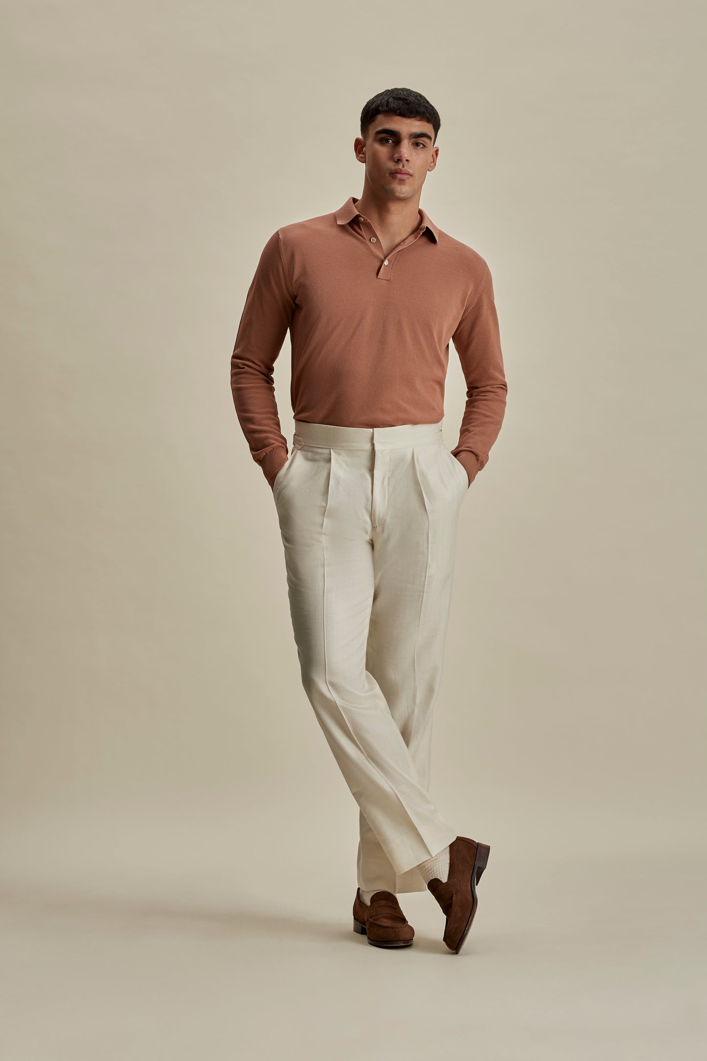 Cotton Air Crepe Long Sleeve Polo Shirt Burnt Orange Full Length Model Image