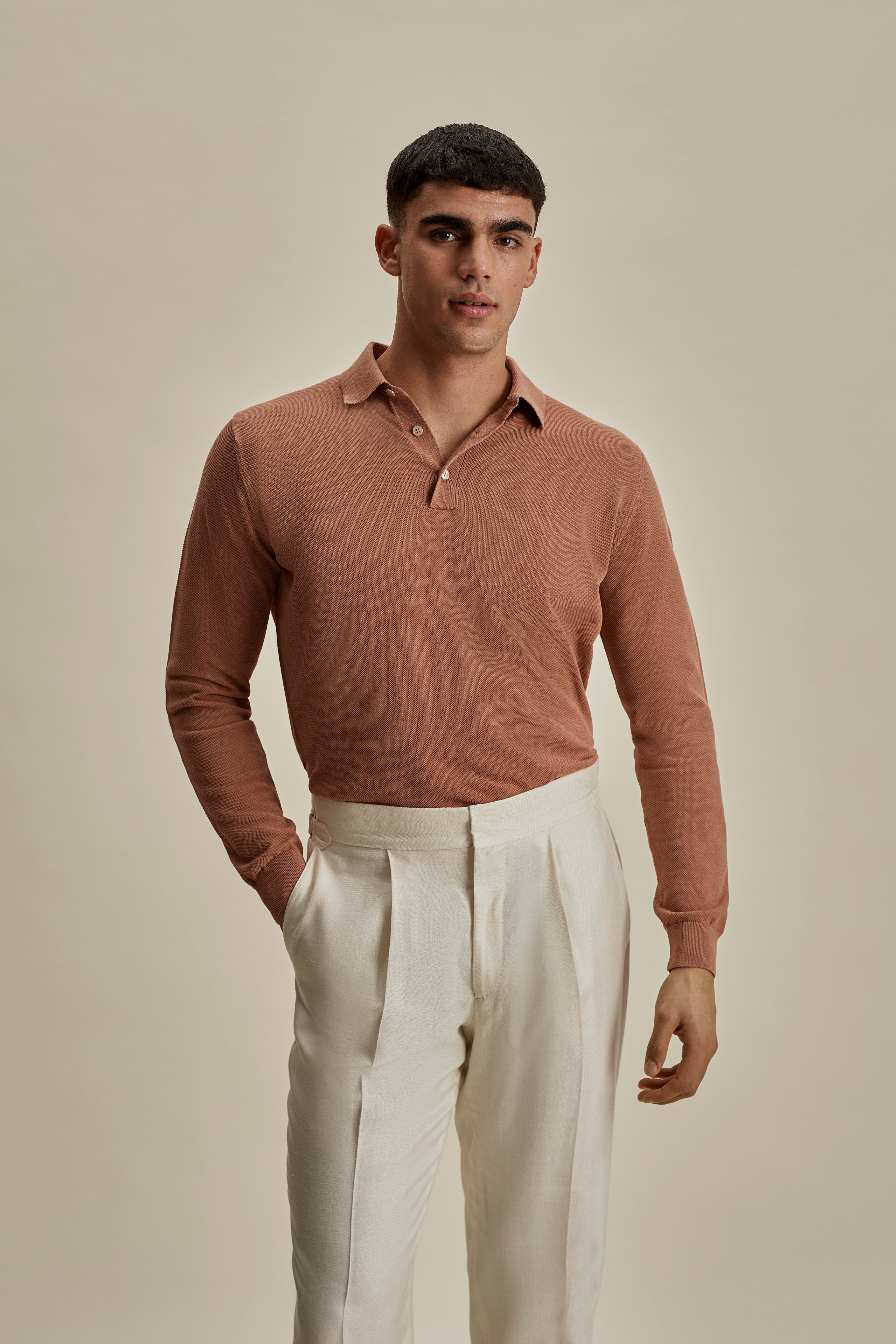 Cotton Air Crepe Long Sleeve Polo Shirt Burnt Orange Mid Crop Model Image
