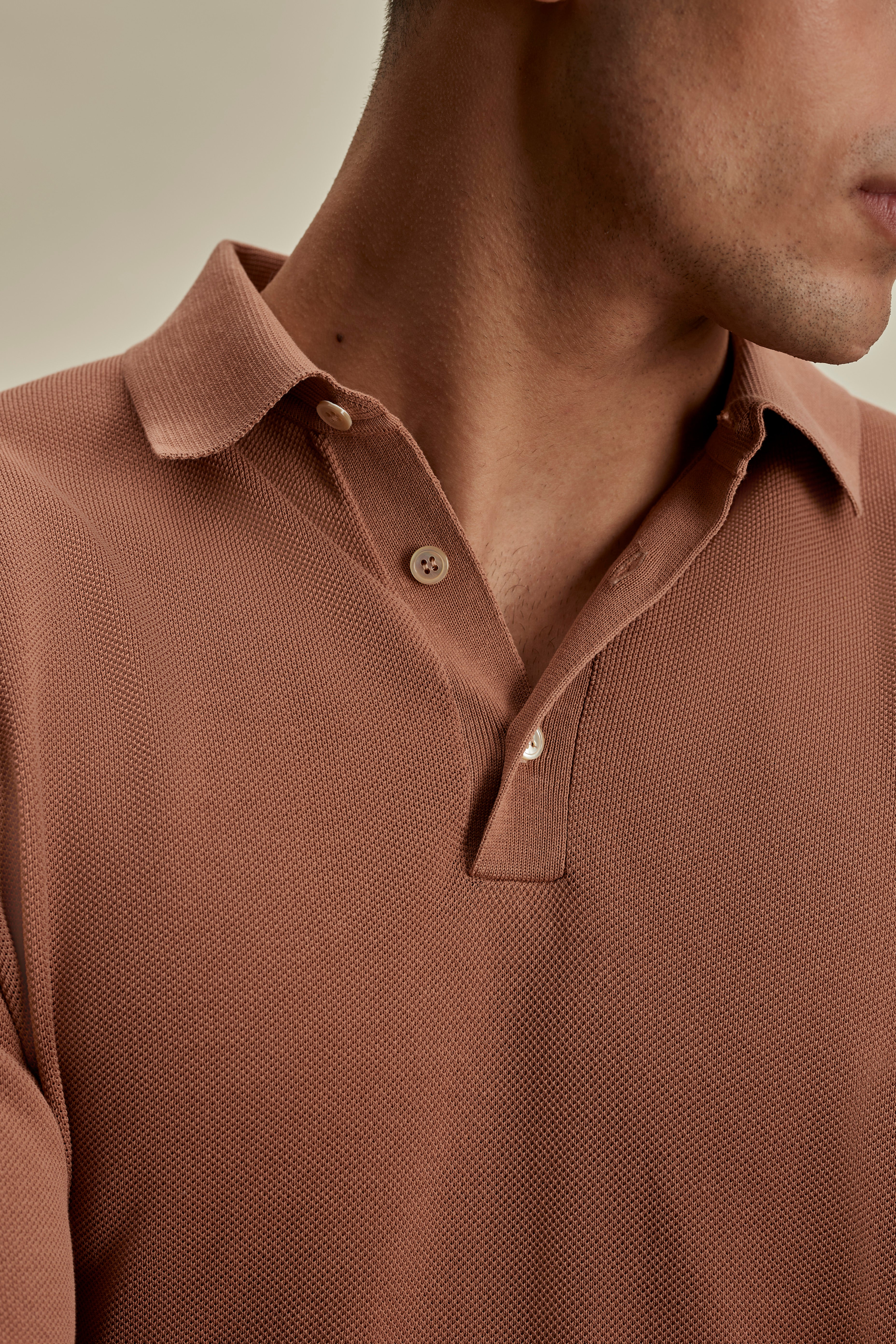 Cotton Air Crepe Long Sleeve Polo Shirt Burnt Orange Detail Model Image