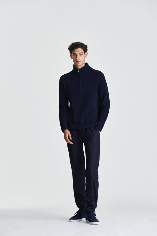 Wool Cashmere Casual Tailored Trousers Navy Model Image