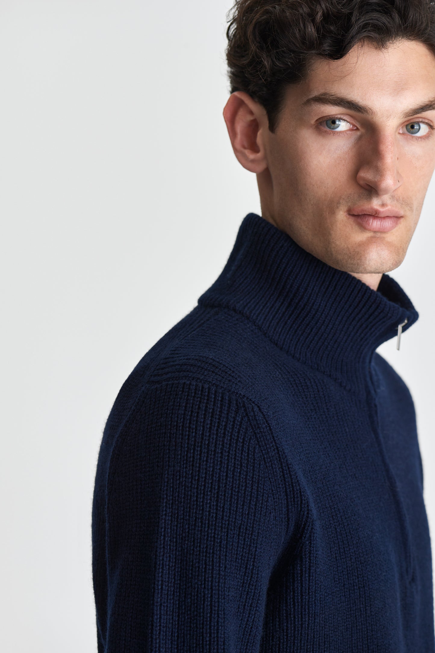 Wool Cashmere Half-Zip Fisherman Sweater Navy Model Shoulder Image