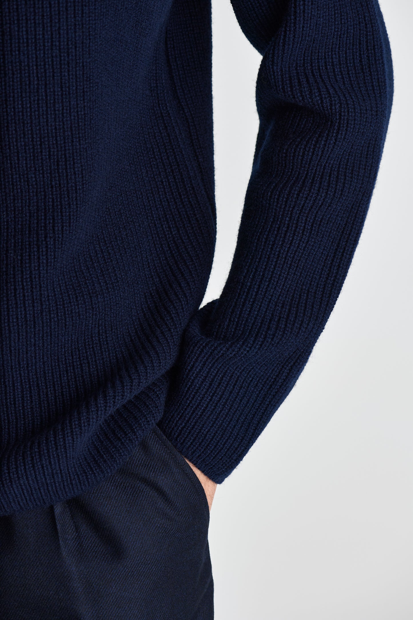 Wool Cashmere Half-Zip Fisherman Sweater Navy Model Sleeve Image