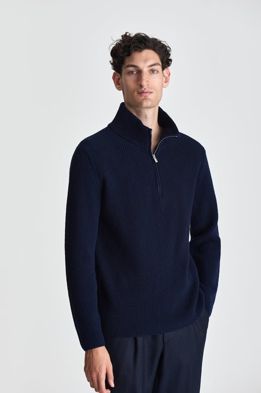 Wool Cashmere Half-Zip Fisherman Sweater Navy Model Cropped Image
