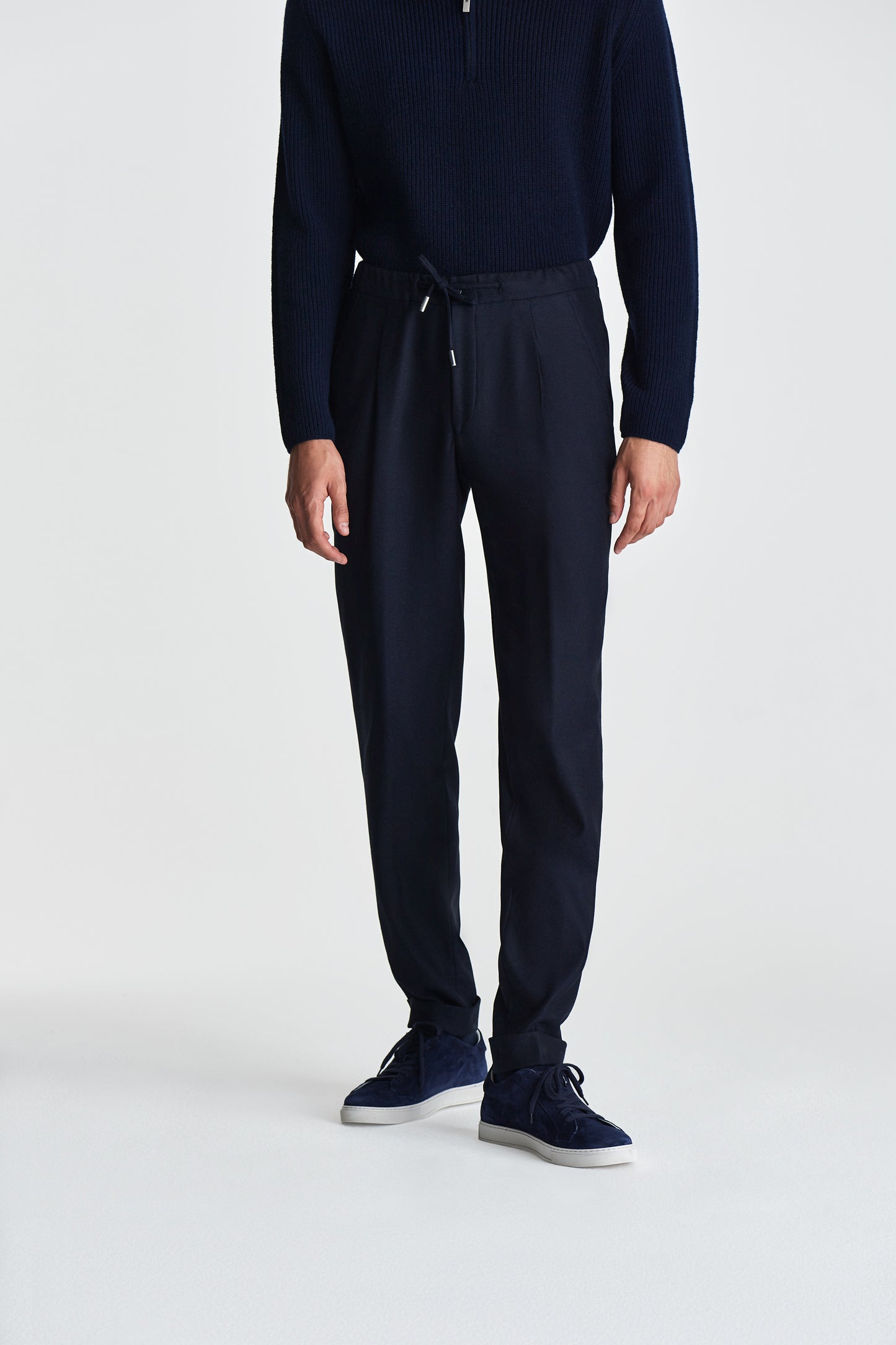 Wool Cashmere Casual Tailored Trousers Navy Model Cropped Image